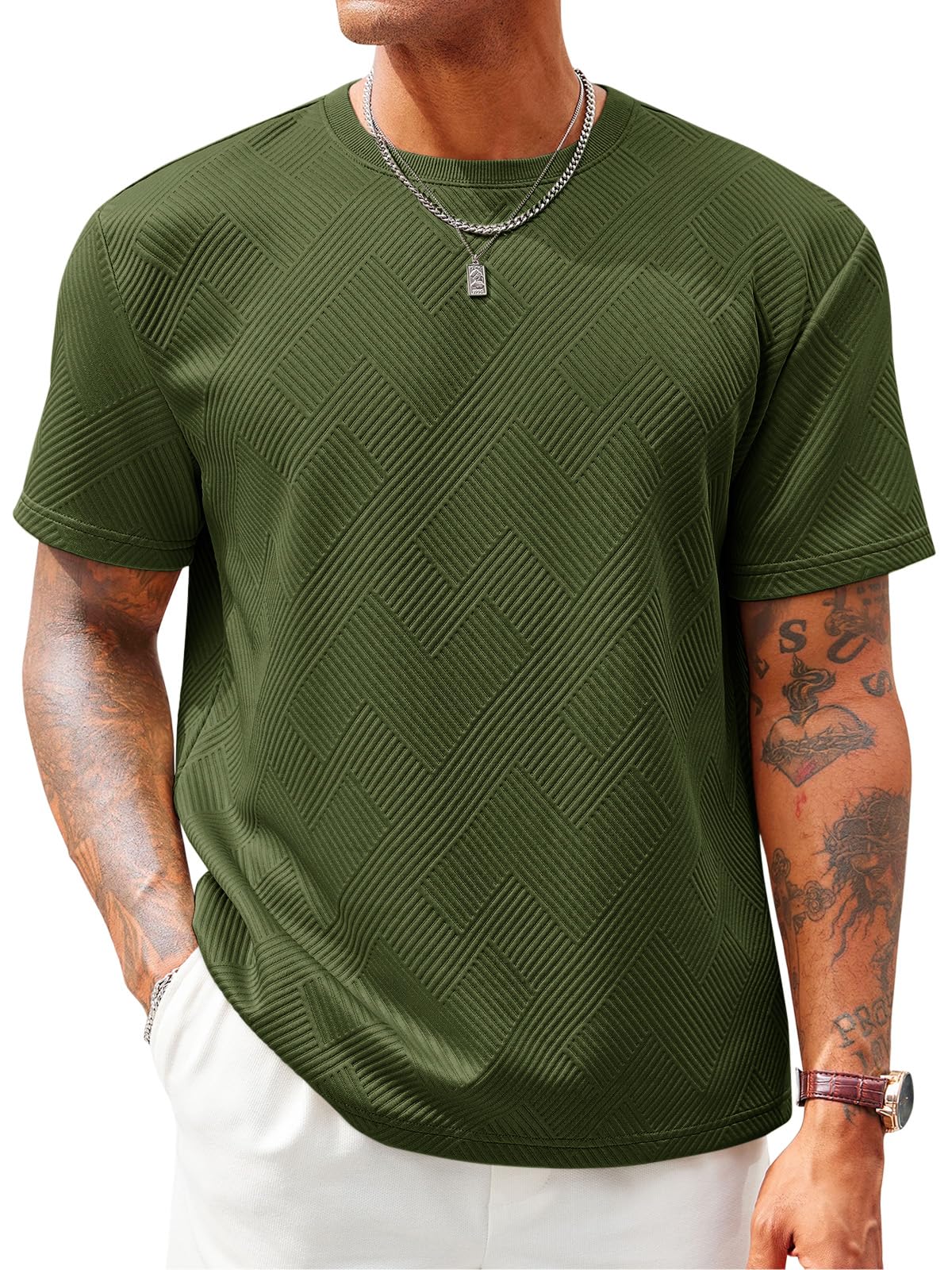 Runcati Men's Casual T-Shirts Short Sleeve Crewneck Summer Stretchy Shirt Textured Jacquard Tops