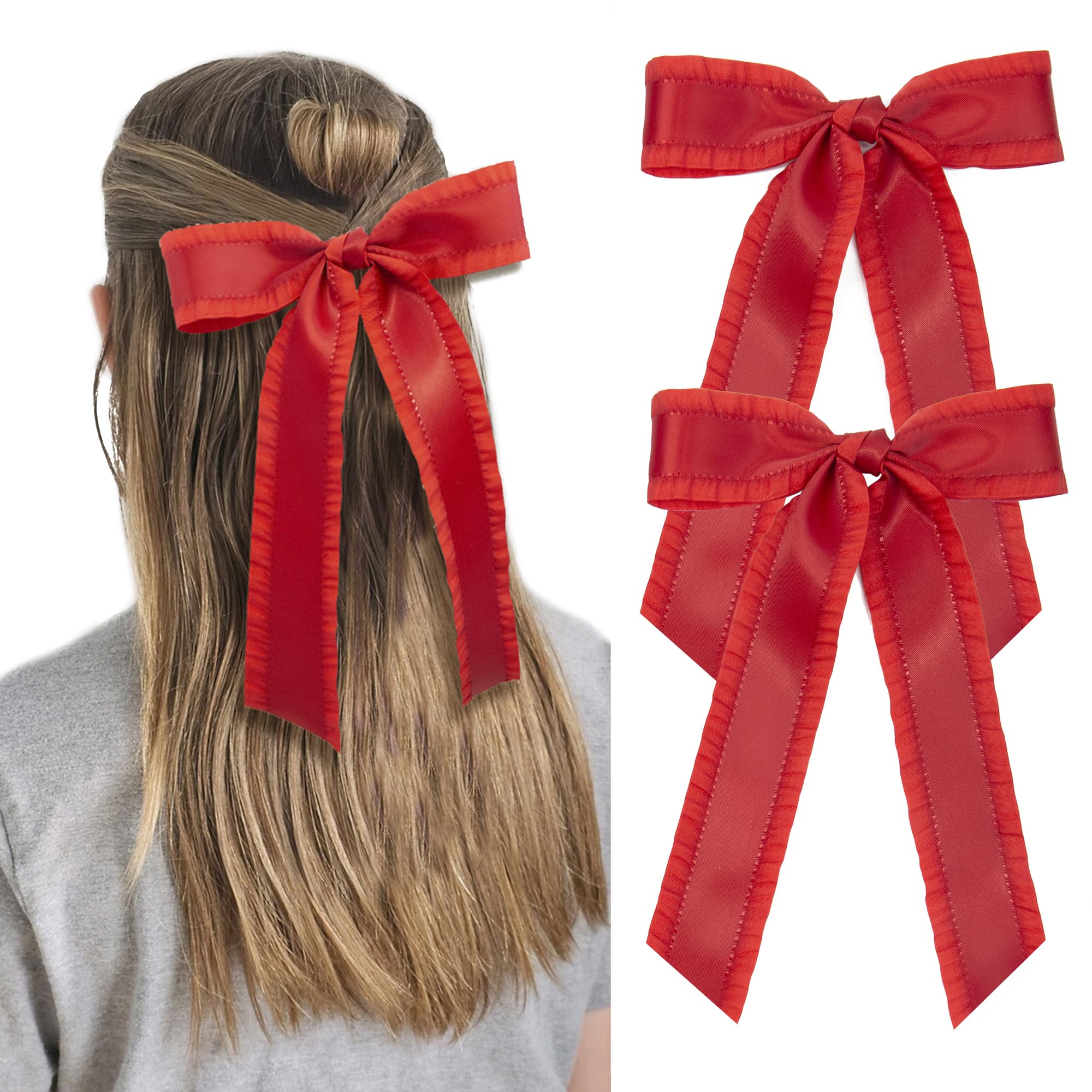 2PCS Hair Bows for Women Girls, Red Bow for Hair Slides Metal Clips Cute Ruffled Edge Satin Ribbon Accessories for Toddlers Teens Kids