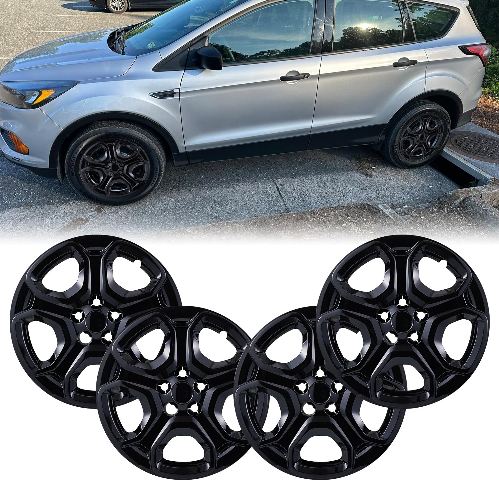 17inch Hubcaps Wheel Covers for 2013-2025 Ford Escape, ABS+PC Plastic Snap-on 17'' Wheels Hubcap for 13-25 Escape Set of 4 Glossy Black OEM#LJ6Z1015A