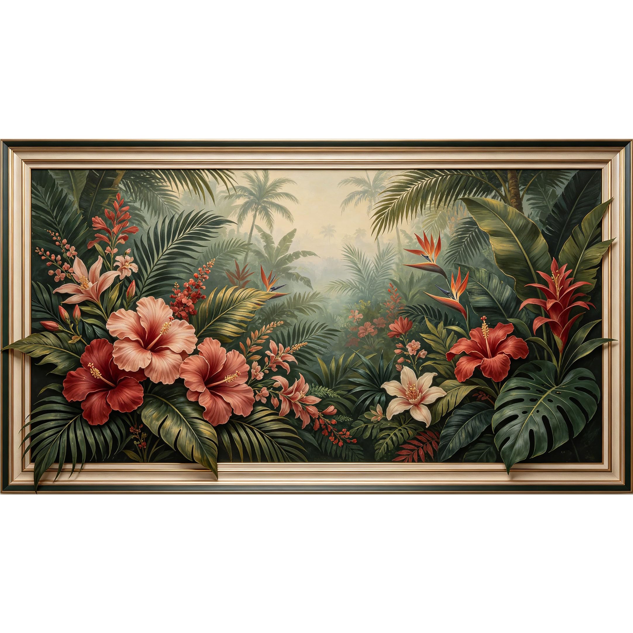 QZLITHOTIC 50x90cm3D Framed Wall Art， Tropical Botanical Hibiscus Jungle Self‑Adhesive Mural， Water‑Activated Peel & Stick Fabric Decor Wall Decal for Bedroom Living Room