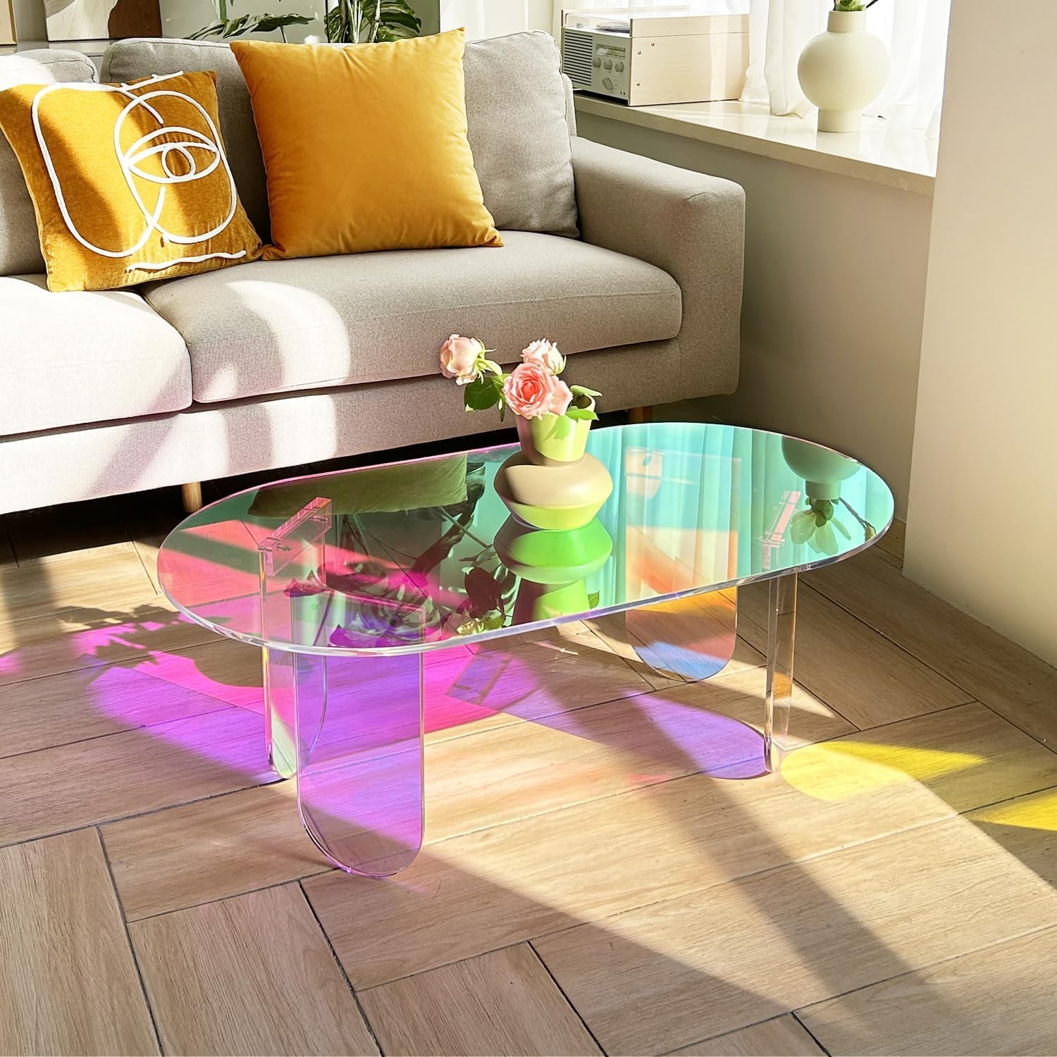 Table Basse Ovale Salon: 95x50x36cm Meuble Centre en Acrylique Moderne Design Table d'Appoint Décoratif avec 4 Pied pour Chambre