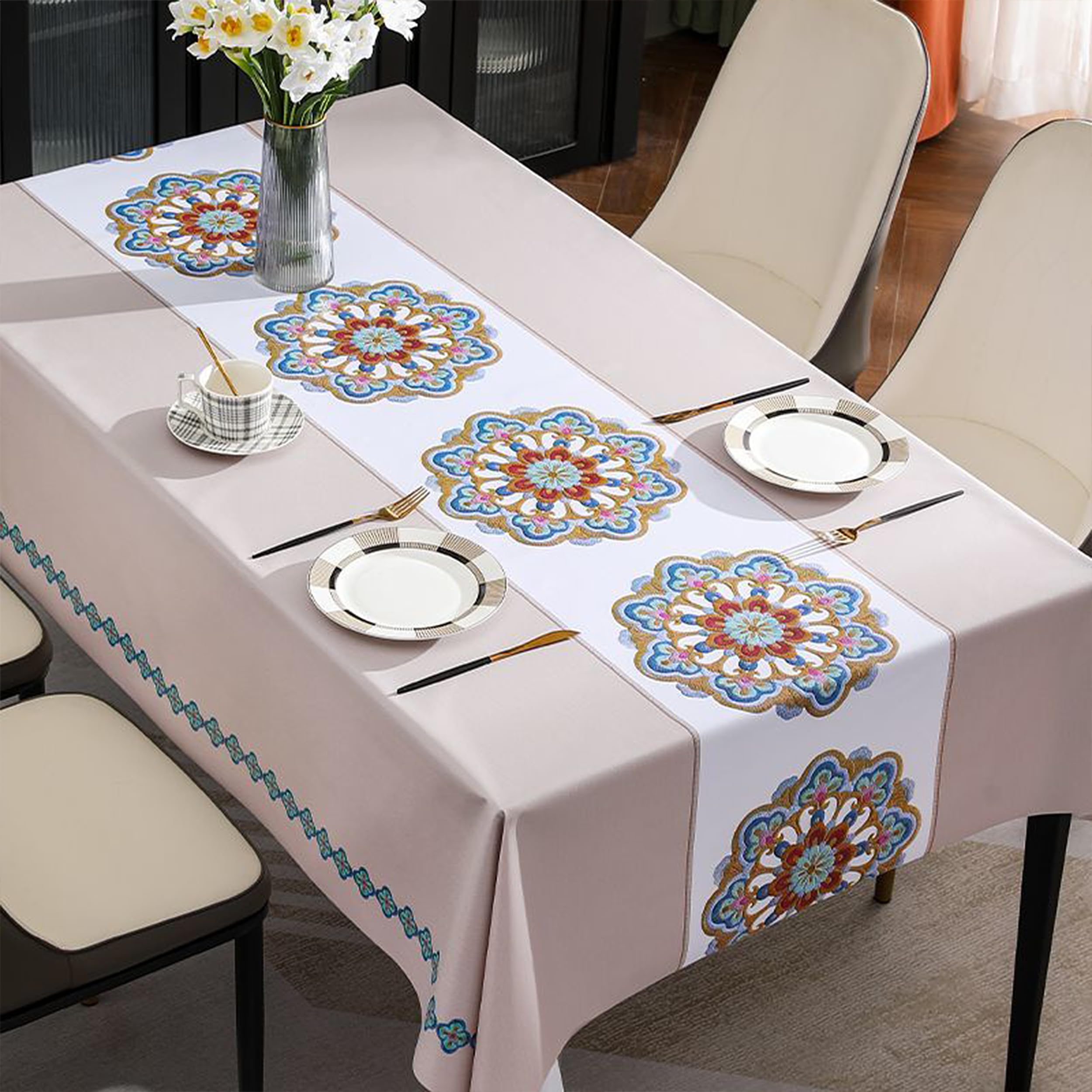 Yindella PVC Dining Tablecloth Cover Waterproof Oil-Resistant Rectangular Kitchen Table Cloth with Clear Flower Printing Texture for 4 to 6 Seater (Flower-Beige, 55 inch x 71 inch (140cm*180cm))