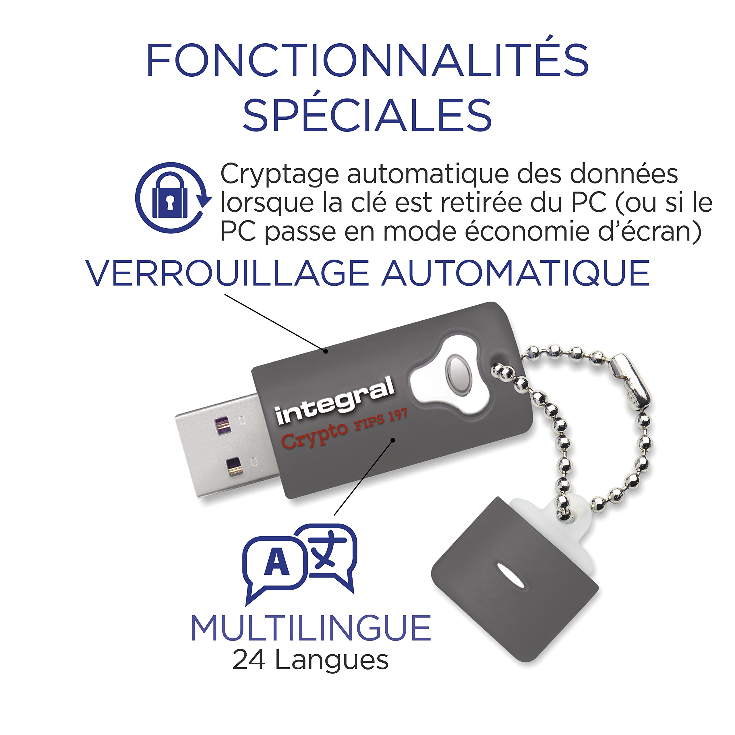 Integral Clé USB 8go Crypto-197 256-Bit 3.0 USB Mémoire Flash Drive cryptée  - Certifiée Selon la Norme Design étanche à Double Couch -3PK XTS-AES : ...