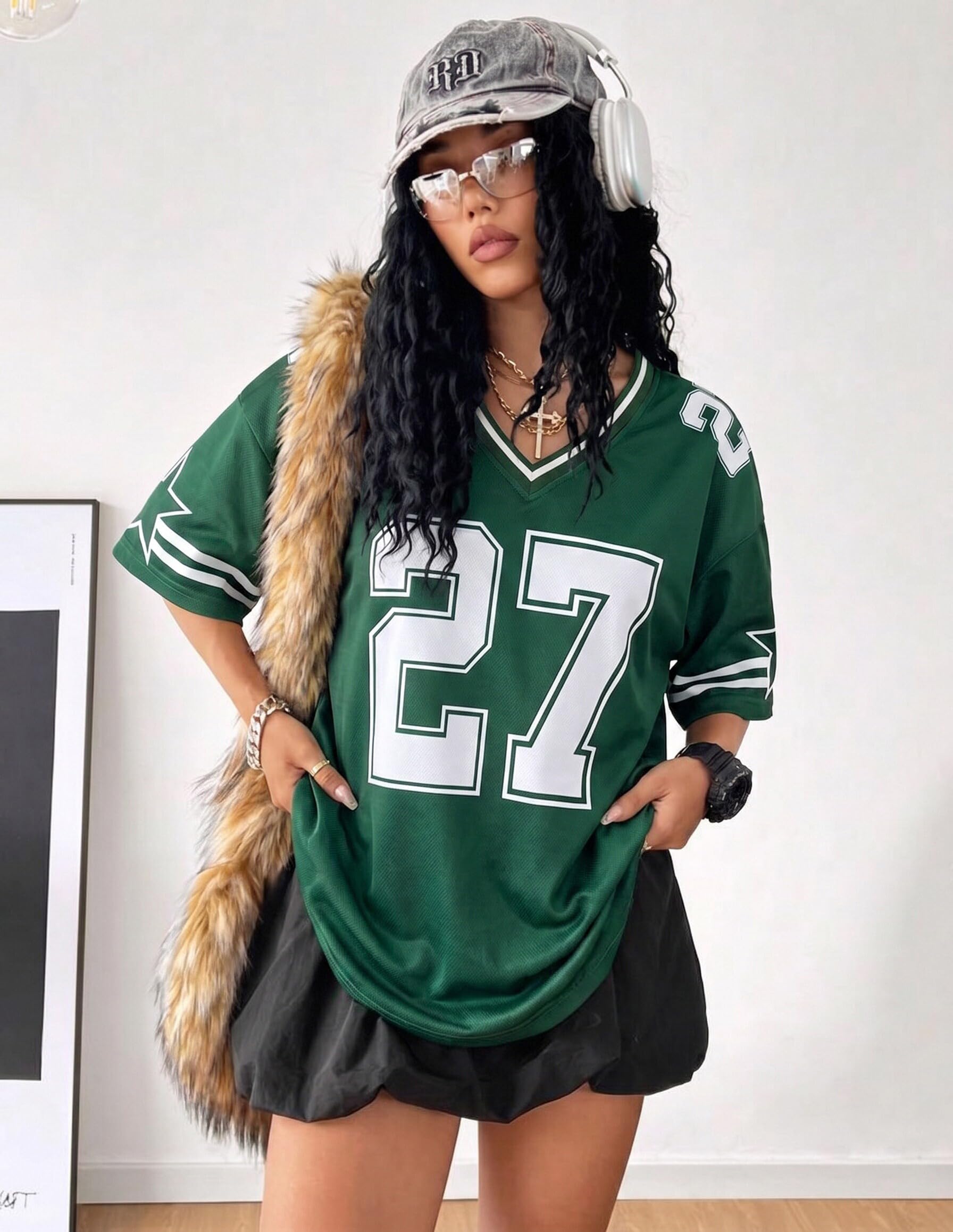 Camicie in jersey da donna con numero grafico Y2k T-shirt oversize con scollo a V ampia streetwear maglietta estiva