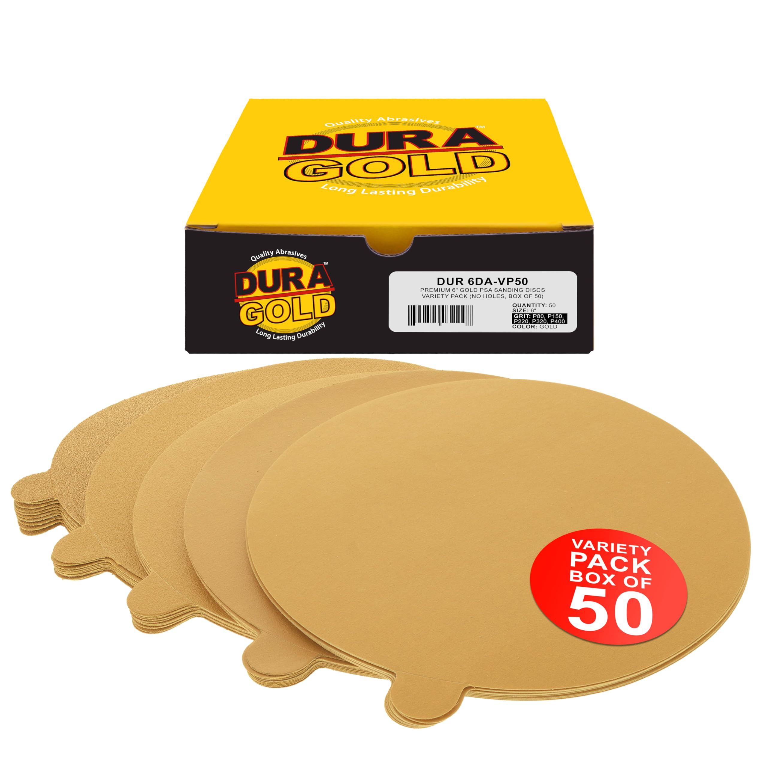 Dura-Gold – Premium – 80 Grit 6"Oro PSA Autoadhesivo Adhesivos Discos de Lija para DA Sanders – Caja de 50 Discos de Acabado de Papel de Lija para automoción y carpintería