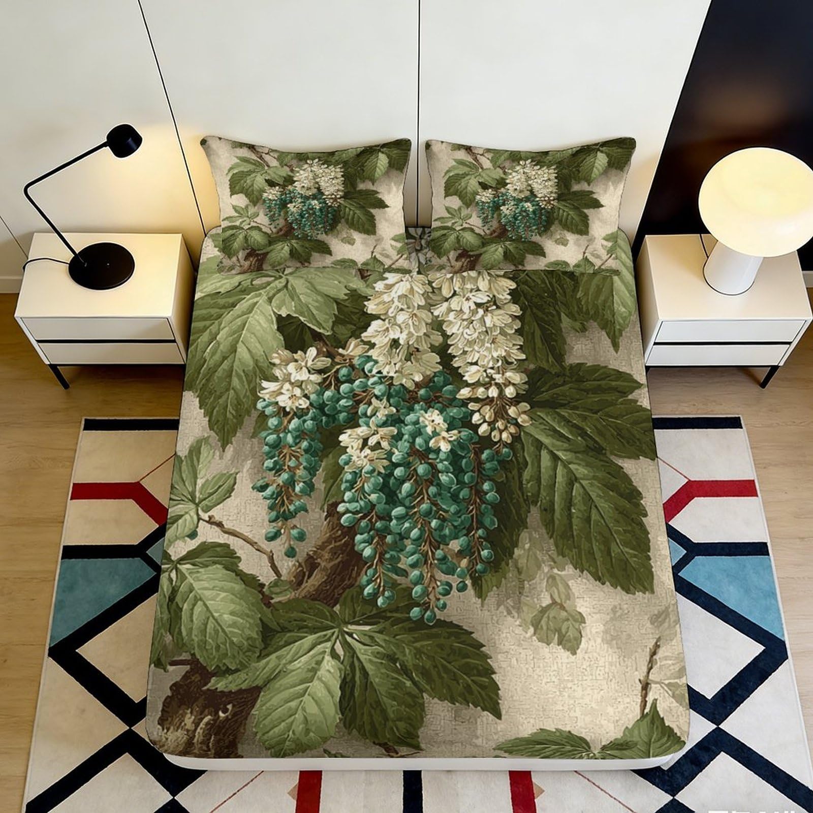 3D Printed Floral Leaves Fitted Sheet Microfiber Soft Breathable Botanical Mattress Cover for Bedroom Dormitory Guest Room Protection Decor 140x200x25cm
