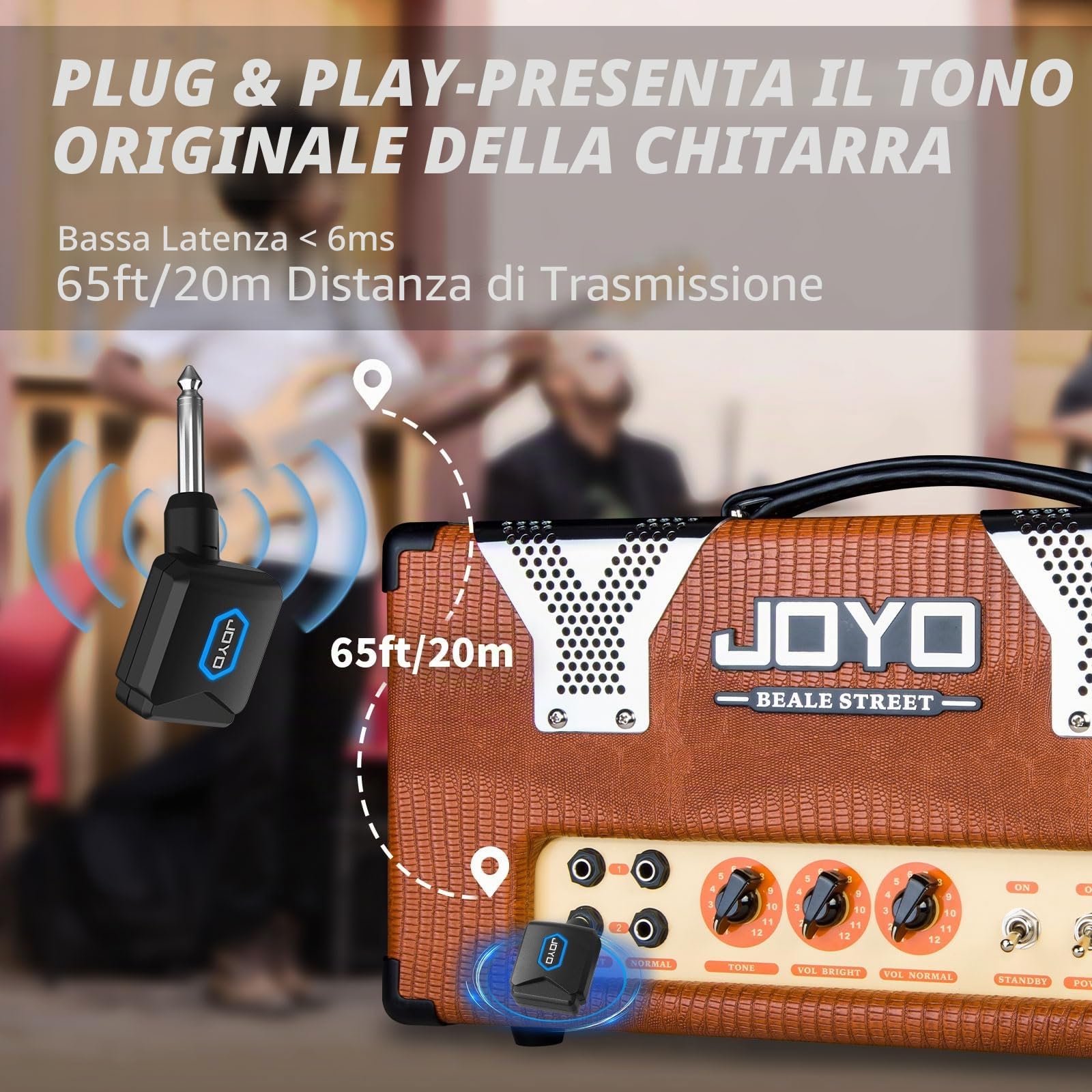 JOYO Sistema Wireless 5.8 GHz con scatola di ricarica - Ricetrasmettitore a 4 canali per Chitarra, Basso, Strumenti (JW-06)