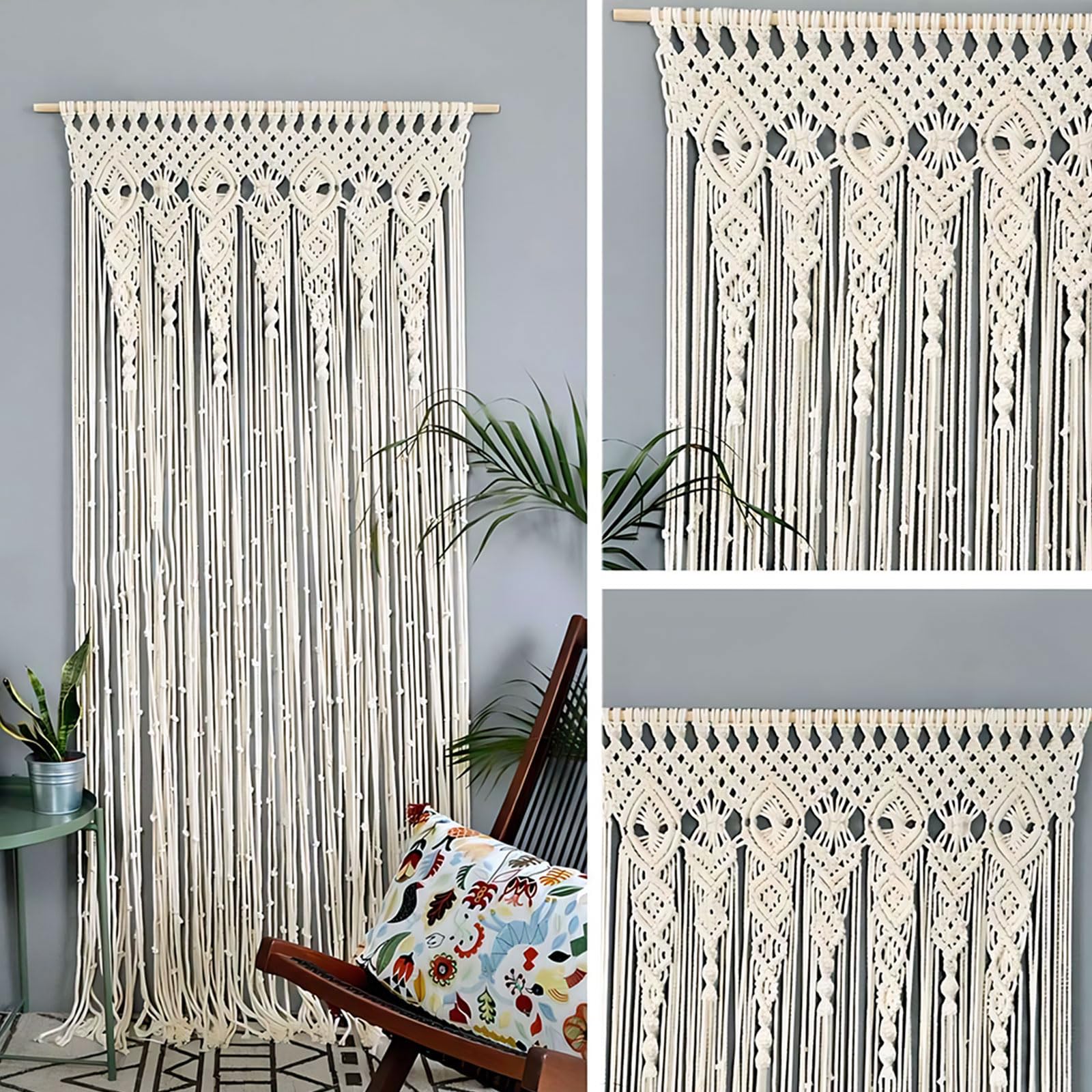 Makramee Wandbehang Tapisserie, Boho Handgewebte Makramee Türvorhang Vorhang, Hochzeits Vorhang Boho Wand Deko für Raumteiler, Fenstervorhänge, Hochzeitshintergrund, Inneneinrichtung,Beig (35x70in)