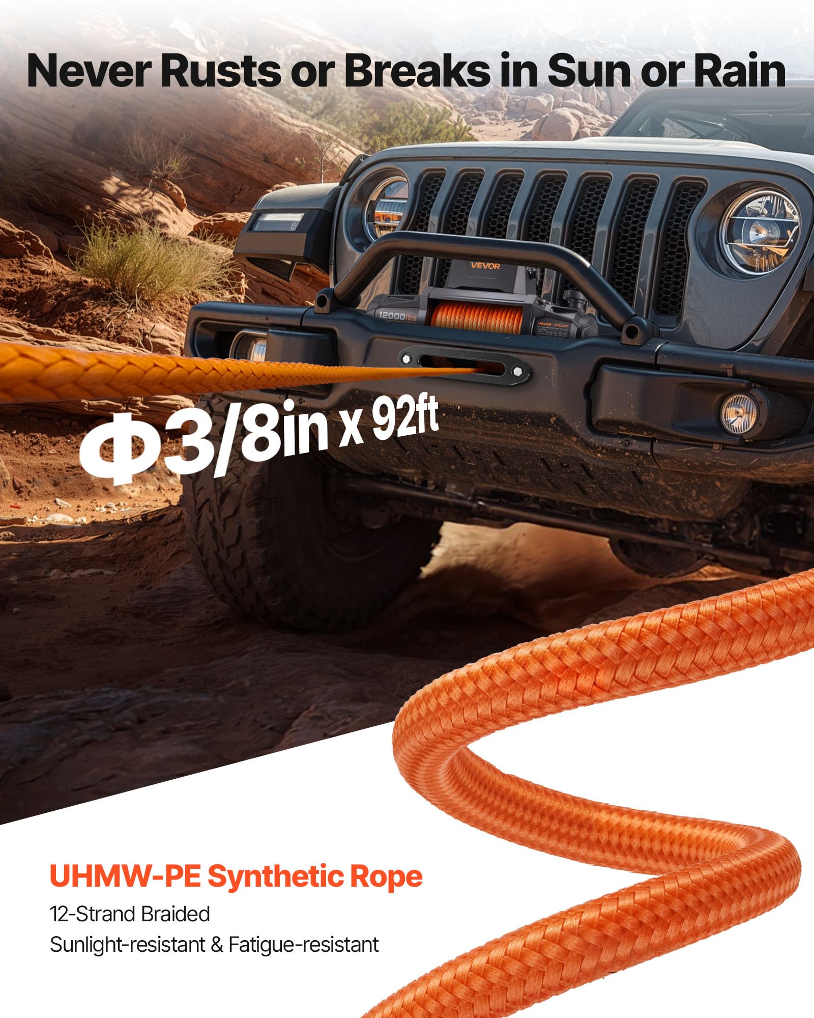VEVOR Verricello Elettrico, Capacità di 5400 kg, Verricello per Camion da 12 V CC con Corda Sintetica Φ9,5 mm x 28 m, Telecomando Wireless e Cablato, IP68 per il Traino di SUV, Jeep, Rimorchi