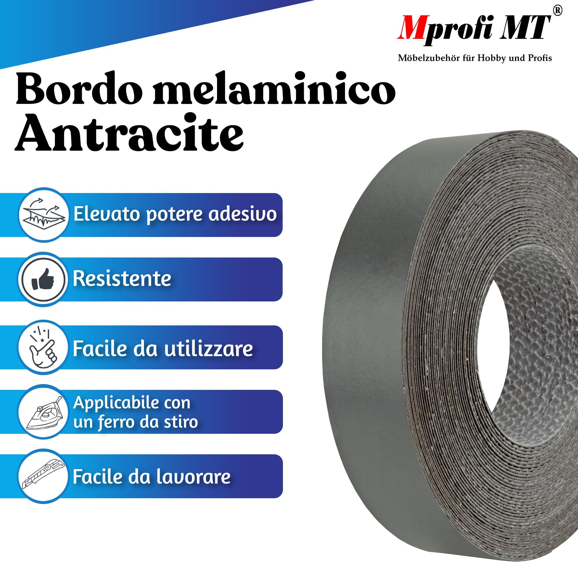 Mprofi MT® - Bordo Effetto Antracite | 22mm x 5m | Facile da Applicare | Bordo Cucina in Melaminico | Per Scaffali, Mobili e Pannelli | Termoadesivo Durevole | Spessore 0,50mm