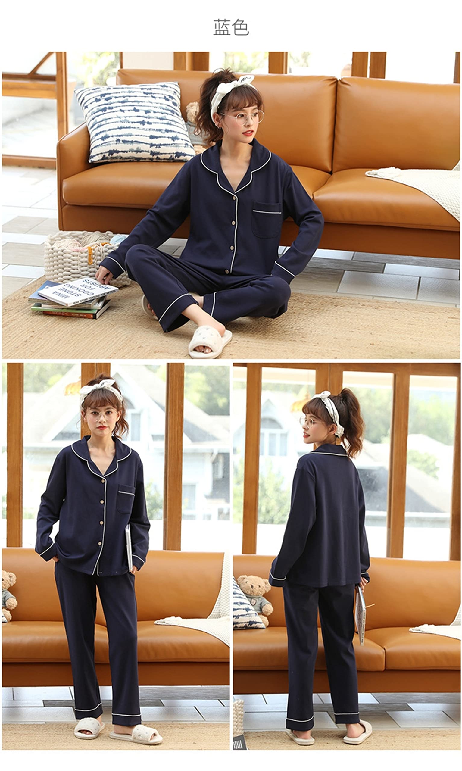 Pijamas de Franela de Invierno y otoño para Mujer y Hombre, Conjuntos de Pijama de otoño y 2 Piezas para Mujer, de algodón de Moda, de Manga Larga con Solapa, Sencillos, Azules, in