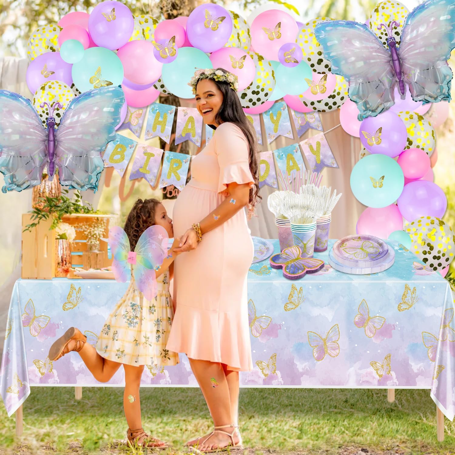 254 Pcs Party Decorations - Including Plates, Tablecloth, Balloons, Banner, Cups, Butterfly Wing Set for Birthday, Fairy Party Supplies