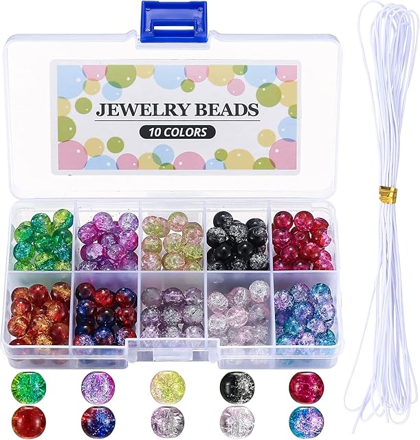 200 Pcs 8 mm Crackle Glass Beads, Colorful Crackle Crafts Beads with Holes, Round Split Crackle Glass Loose Beads for DIY Crafting Necklace Bracelet Jewelry Making, with 1 x White Elastic Thread
