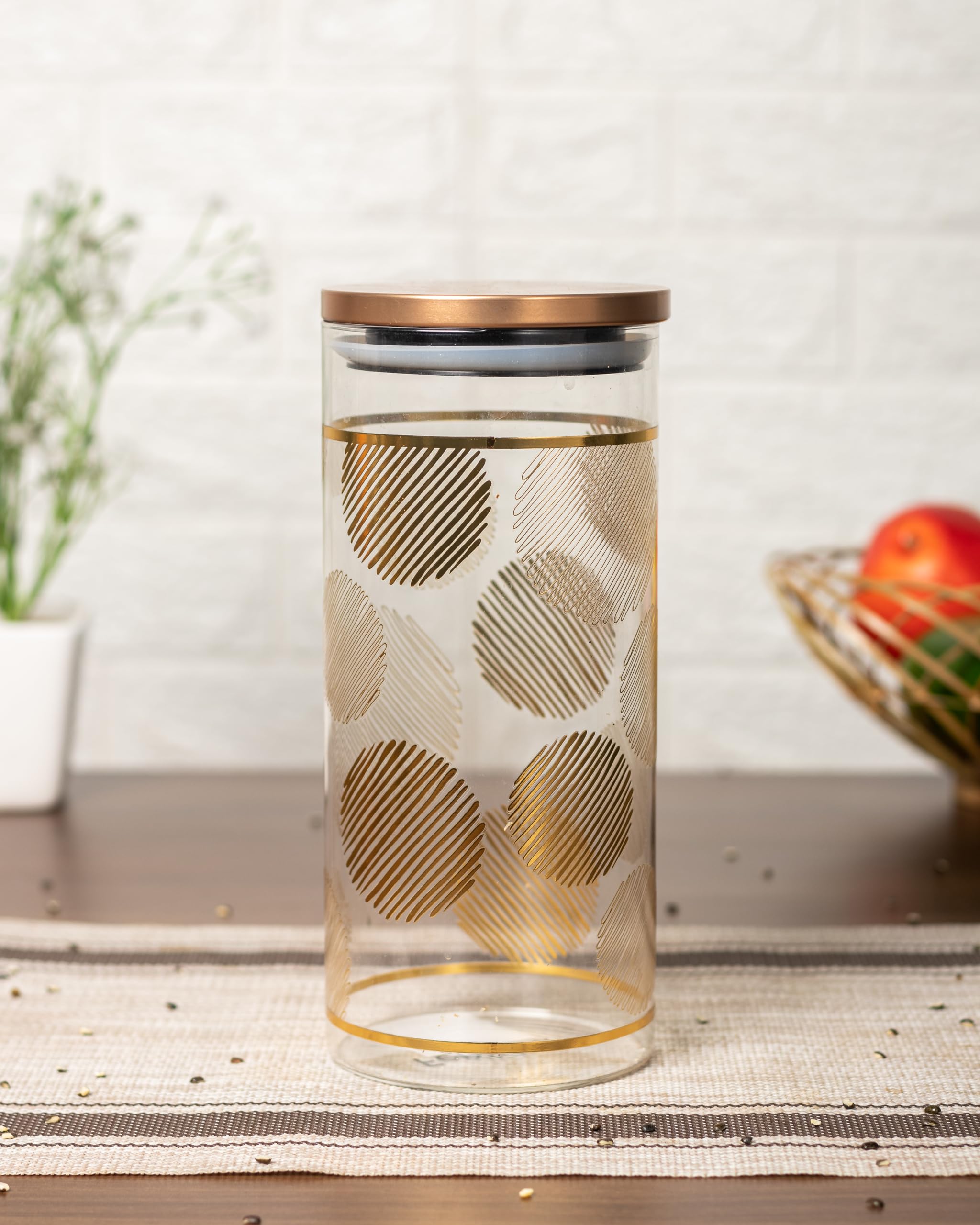 Femora Borosilicate Glass Jar, Kitchen Storage Jar, Round Gold Print Jars, Airtight Steel Lid, 1500 ML, Pack of 1 (B0D1MR7161) Amazon Price History, Amazon Price Tracker