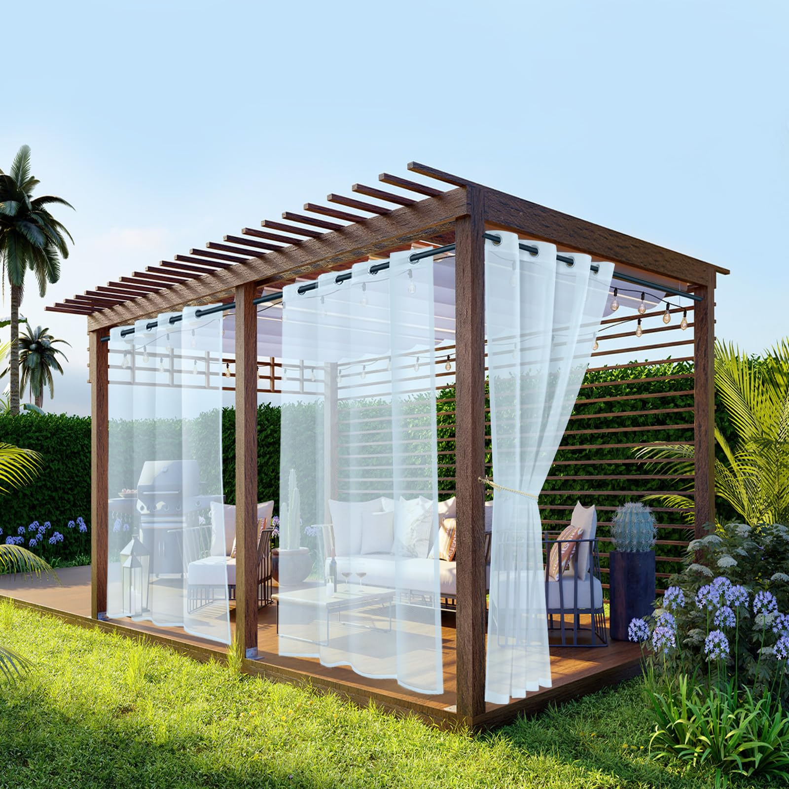 BTTO Waterproof Outdoor Sheer Curtains for Patio,2 Panels Transparent Grommet Curtains Voile Curtains for Porch, Pergola, Cabana