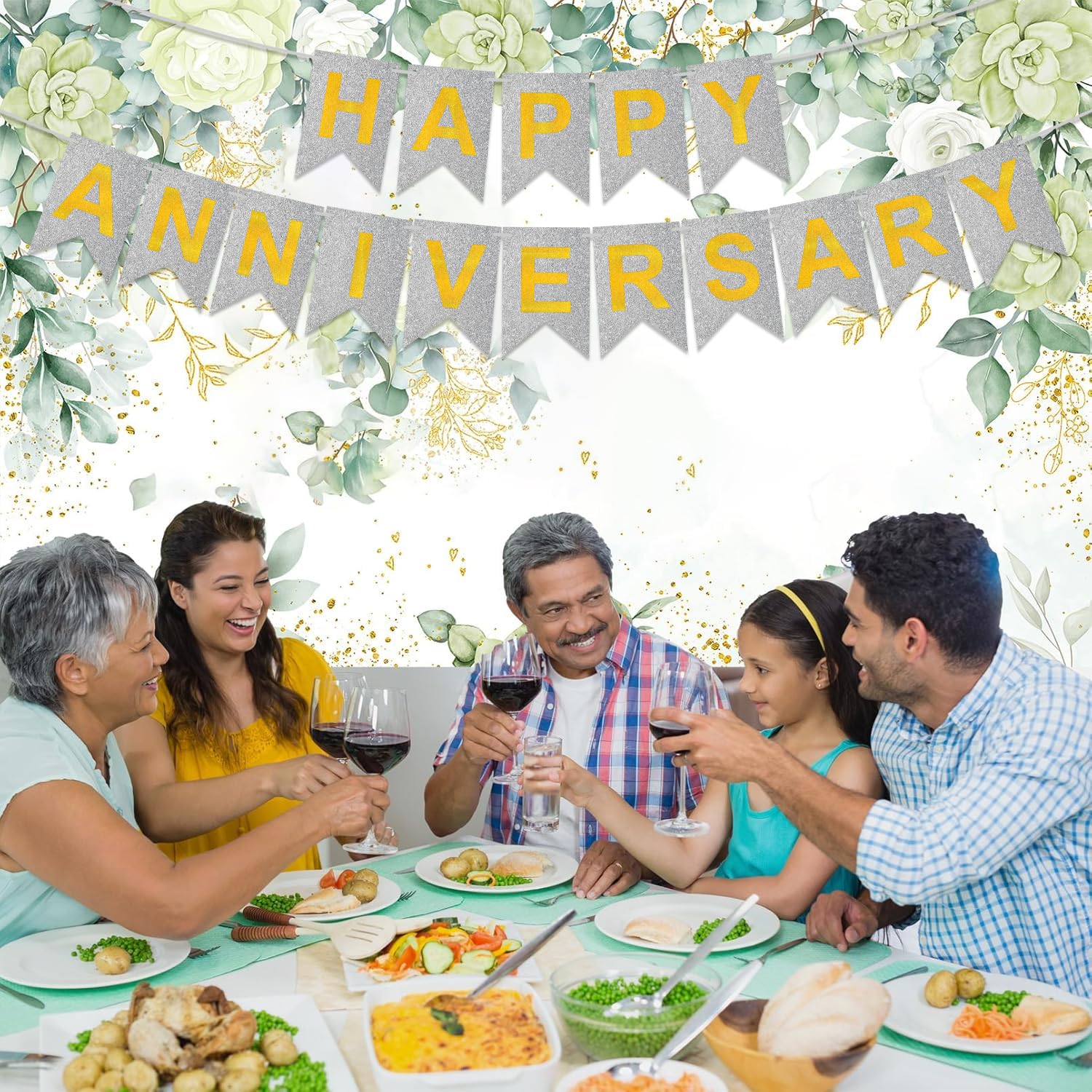 Rozi Decoration Happy Anniversary Glitter Banner | 1st 10th 25th & 50th Wedding Anniversary Decoration Items | Glitter- Silver (Pack of 1) 3