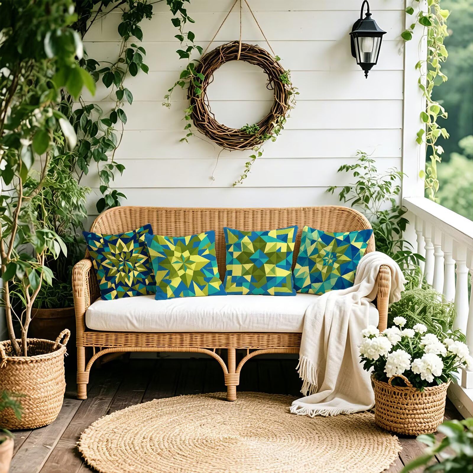 Verde Federe Cuscini Divano 60x60cm, Cuscini da Esterno Set de 4, Cod-53 | Lin Copricuscini Decorativi Letto Arredo, per Letto, Soggiorno, Giardino, Esterno, Casa Decorazione Set di 4 Geometria