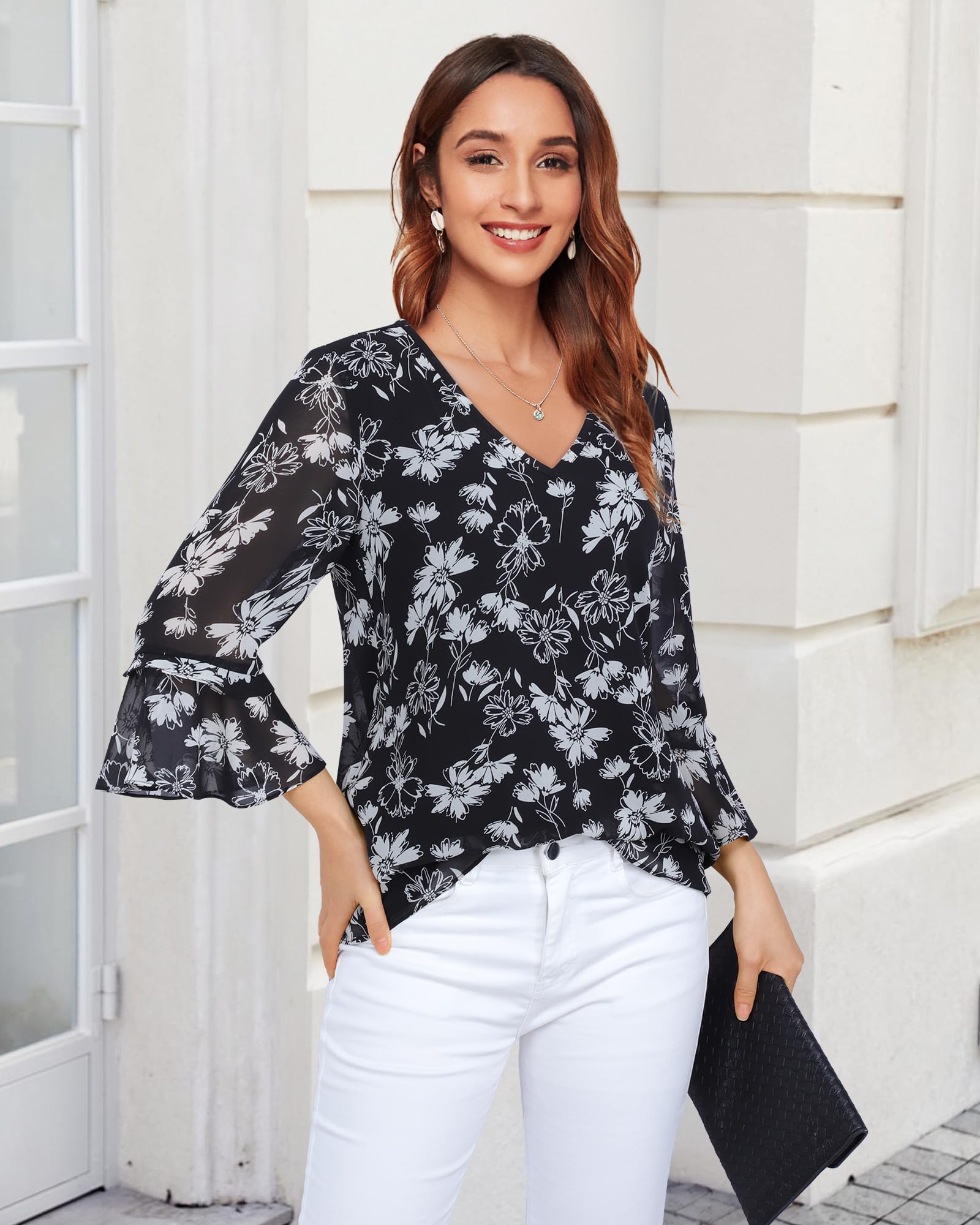 Bebonnie Camicette da donna eleganti e casual, con maniche a 3/4, scollo a V, in chiffon