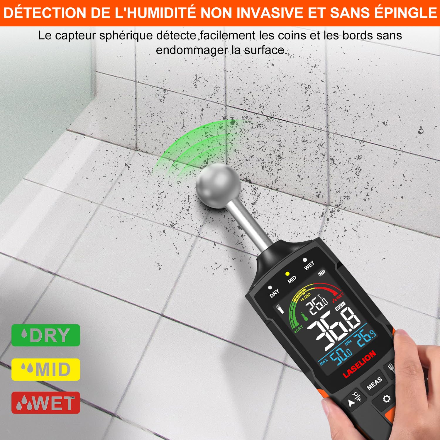 Testeur Humidité Mural MS04 Capteur Sphérique Mesures Non Destructeur Bois Murs Matériaux Construction Alarmes Personnalisables Affichage Température
