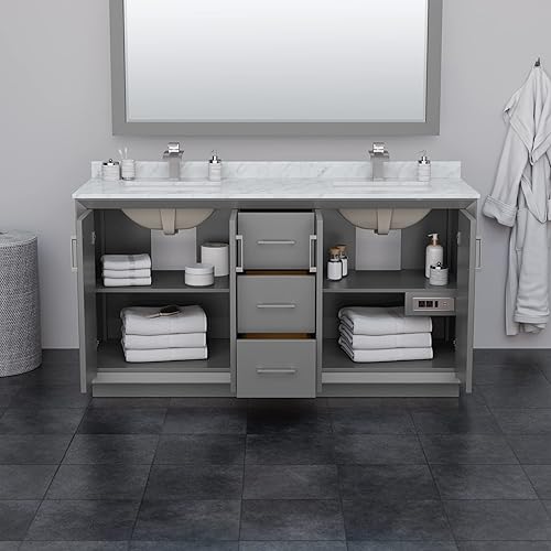 Miniatura 2 de Wyndham Collection Strada - Tocador de baño doble de 66 pulgadas en gris oscuro, encimera de mármol Carrara blanco, fregadero cuadrado empotrado,