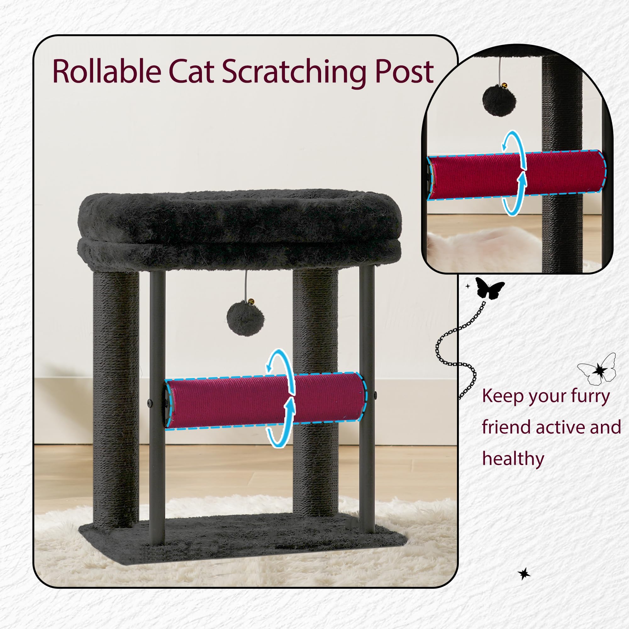 Hey-Brother Árbol para Gatos, Torre Resistente con columnas envueltas en sisal, MPJ010SBR | Postes rascadores para gatos de 18.9 pulgadas con cama, bola de juguete de peluche para gatitos de interior, negro y rojo
