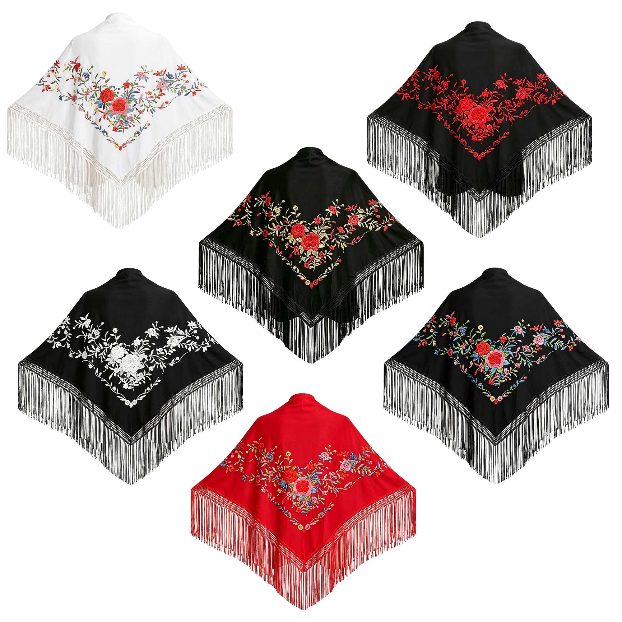 Wildarms Mantón de Sevillana Bordado con Flecos para Flamenco Feria Disfraz Baile Tradicional Mujer