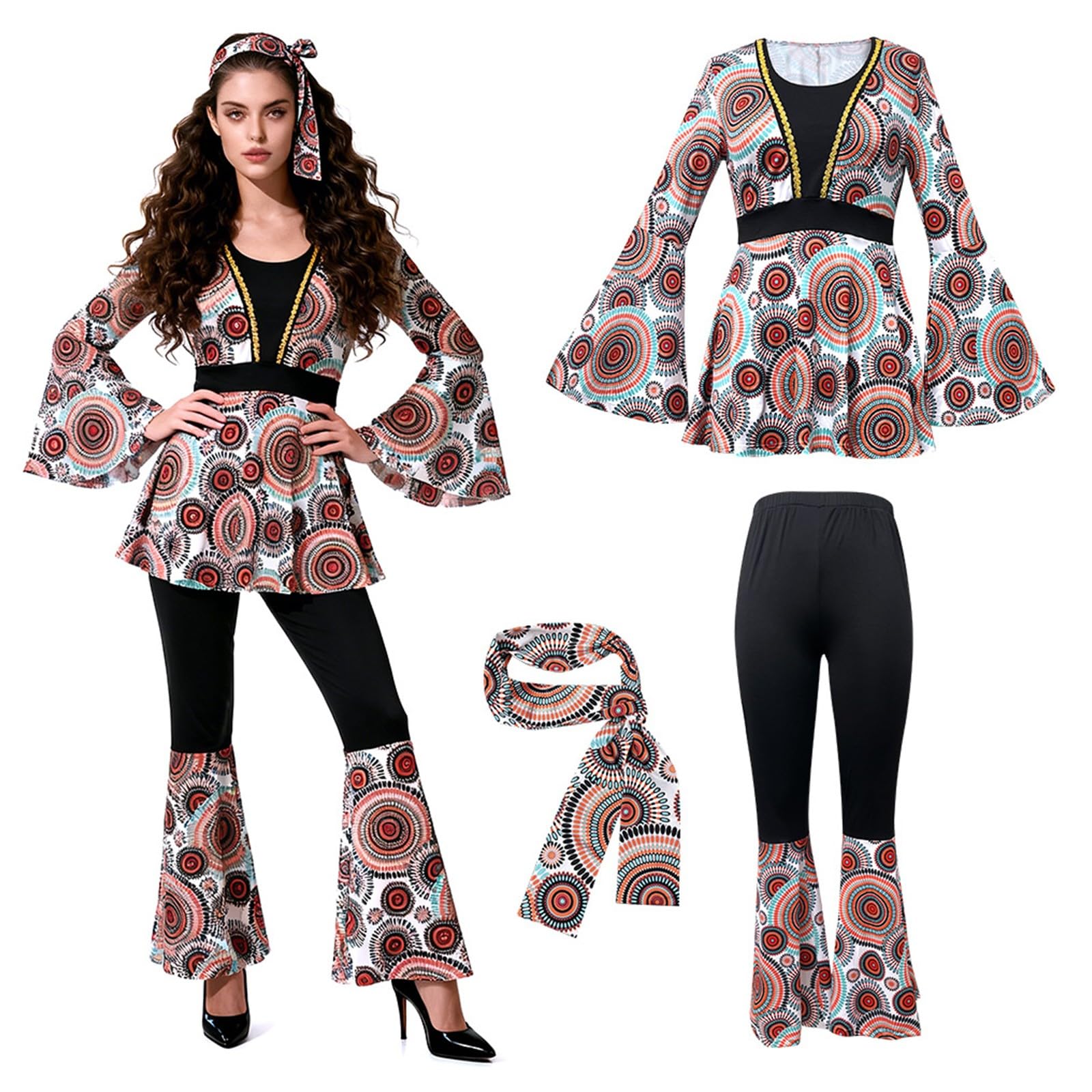 Karneval KostüM Damen Disco-Hippie-Kostüm für Paare Boho-Jumpsuit mit ausgestelltem Rock Retro-Party-Outfit für Festivals Cosplay