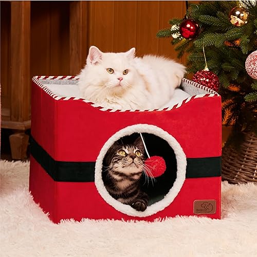 Miniatura 5 de Bedsure Camas para gatos de interior – Cueva grande para gatos con bola esponjosa para colgar y almohadilla para rascar, escondite plegable para
