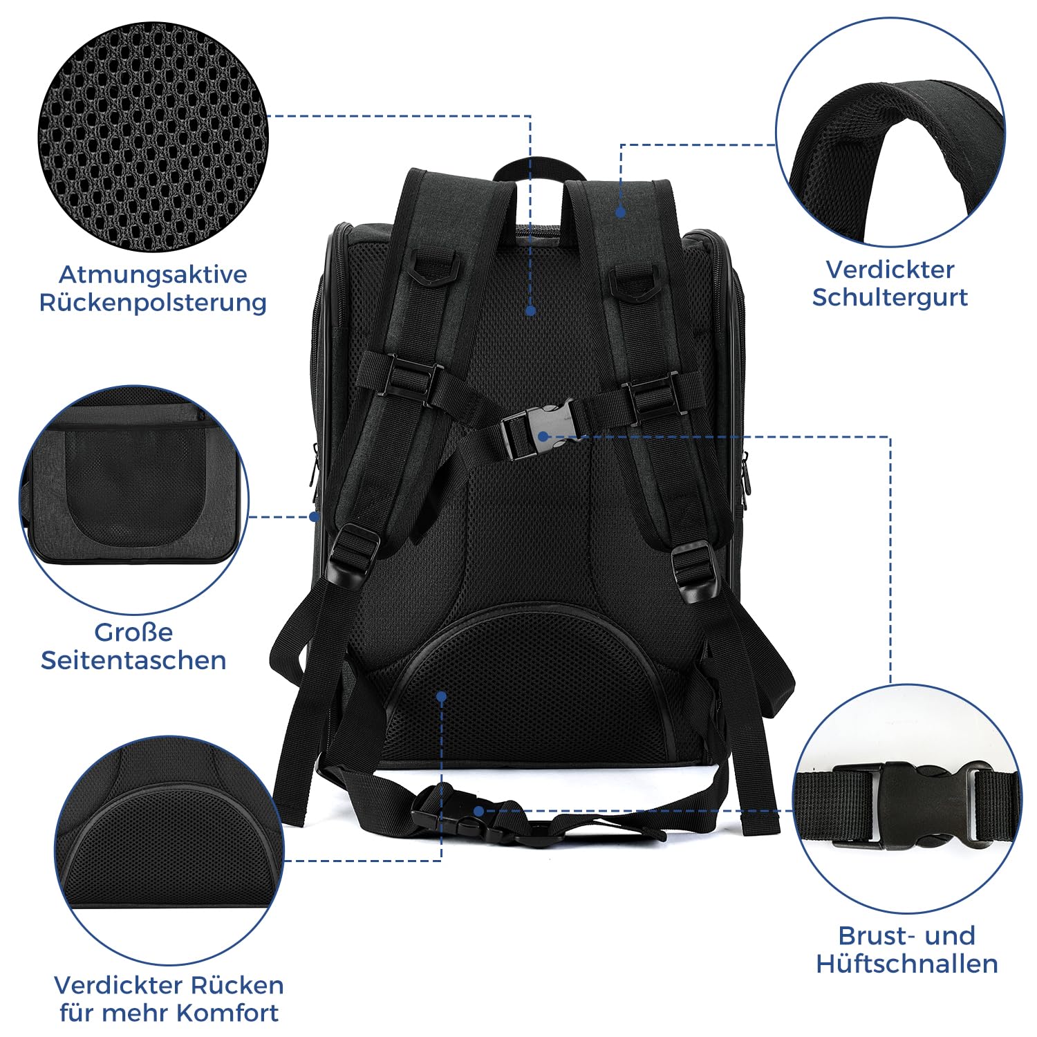 apollo walker HundeRucksack und KatzenRucksack für Kleine Haustiere(Belastbarkeit 2-15kg) - Gepolsterter Rückenstütze Hundetasche Atmungsaktiver Netz-Tierrucksack für Wandern, Reisen, Schwarz