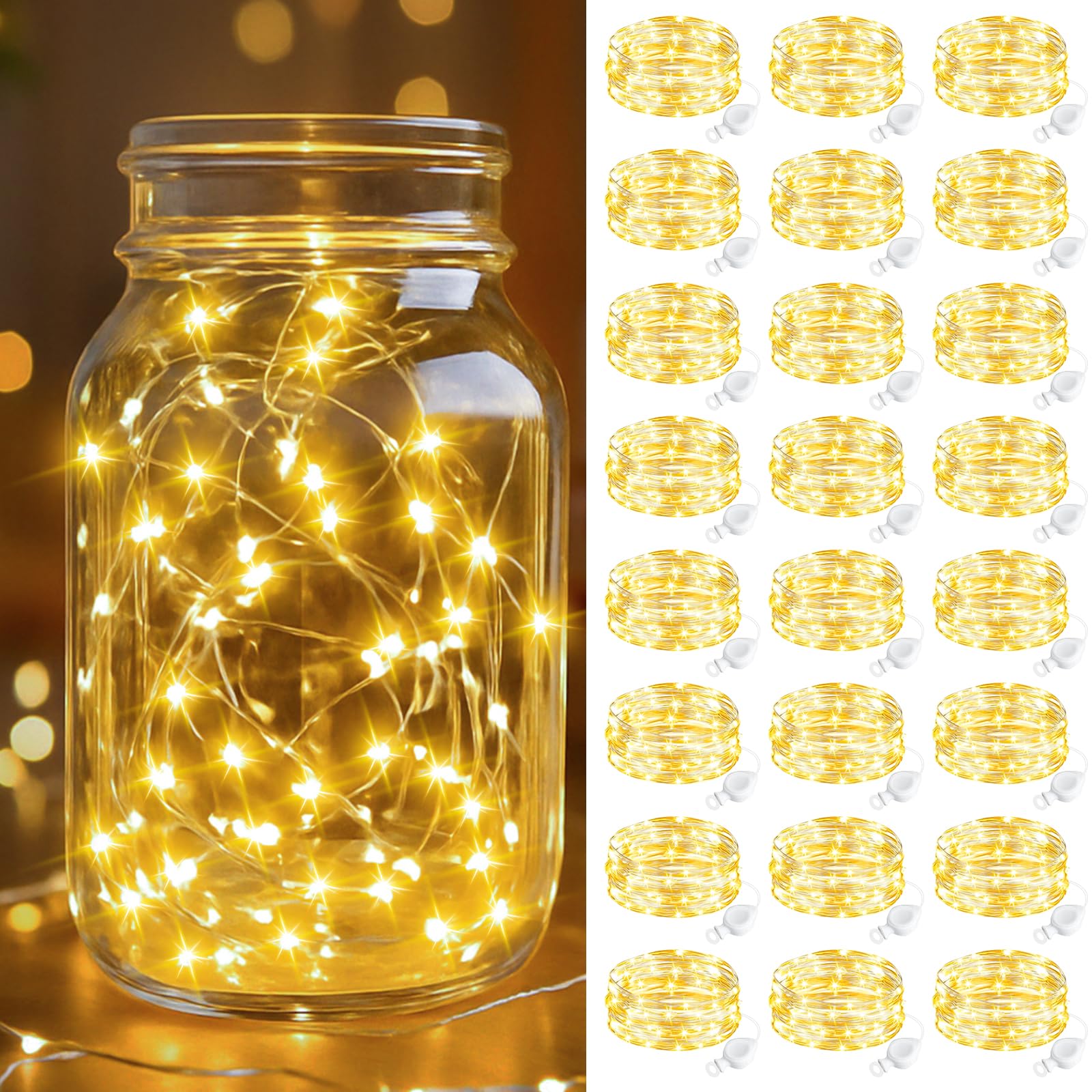 btfarm 24 Pack Fairy Lights Battery Operated, 2M 20 LED Mini String Lights Battery Powered, IP65 Waterproof Small Silver Wire for Crafts Jars Party Wedding Bedroom Christmas Decor, Warm White