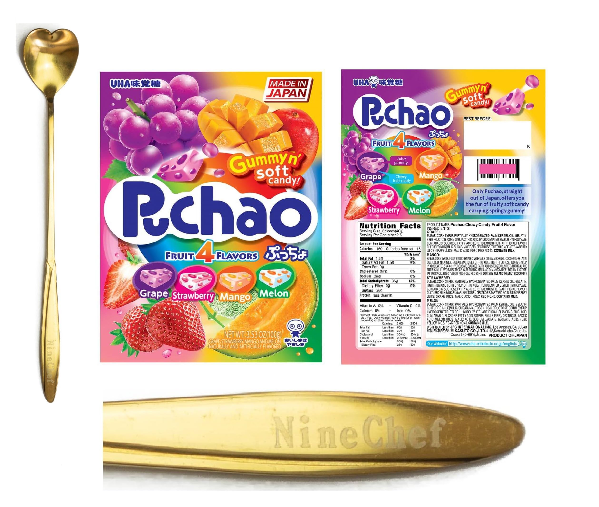 NineChefBrand Spoon Plus UHA Mikakuto Puchao Soft Candy with Gummy Bits (Fruit 4 Flavors, Mango, Grape, Strawberry, Mellon) (Pack 3)