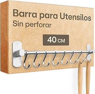 Praknu Barra para utensílios de cozinha com 8 ganchos - autocolante - instalação sem broca - 40 cm - cabide de utensílios de cozinha em alumínio