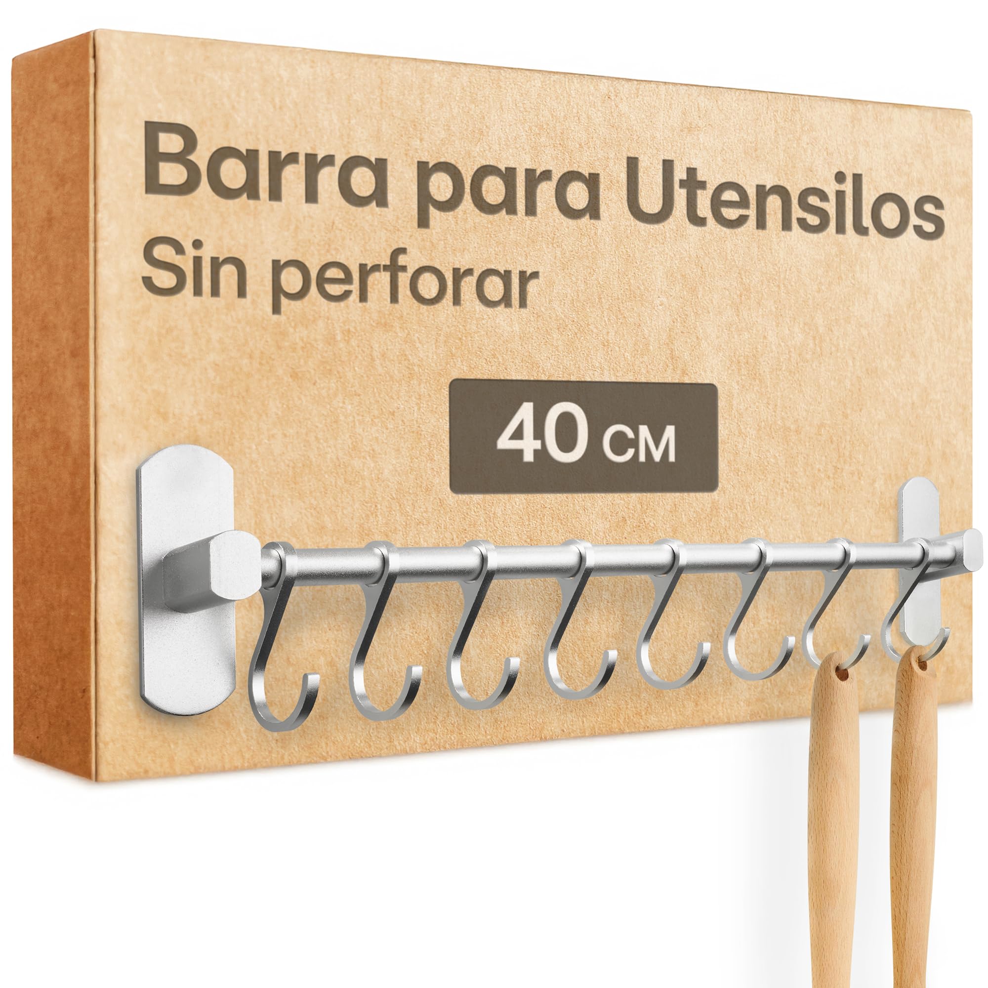 Praknu Barra para Utensilios de Cocina con 8 Ganchos - Adhesiva - Instalación sin Taladro - 40 cm - Colgador de Utensilios de Cocina en Aluminio