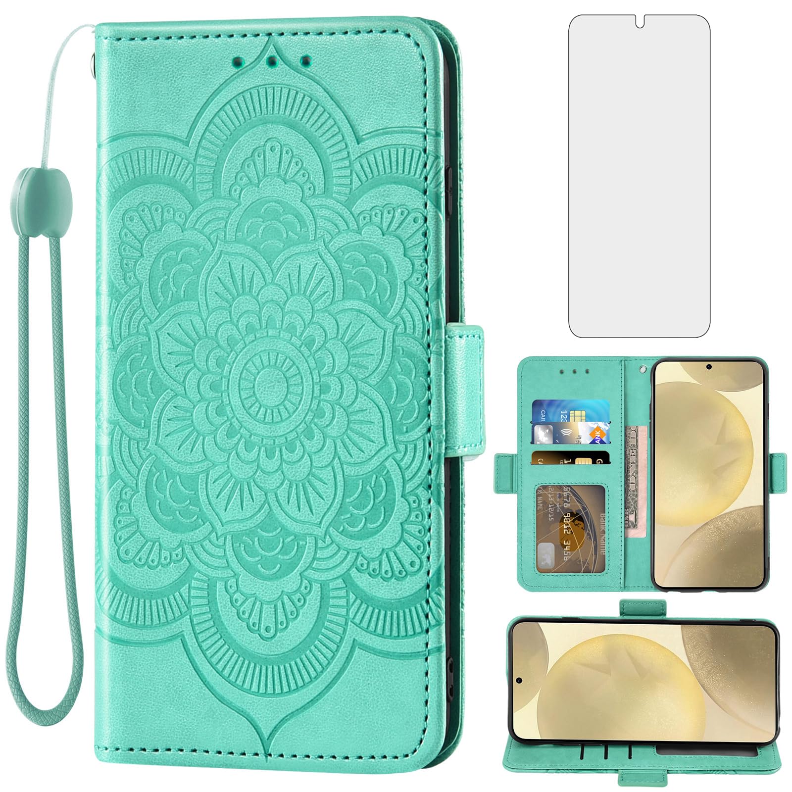 Asuwish Phone Case for Samsung Galaxy S24 5G Wallet Cover with Tempered Glass Screen Protector and Leather Flip Credit Card Holder Stand Wrist Strap Cell Accessories S 24 24S GS24 G5 Women Men Green