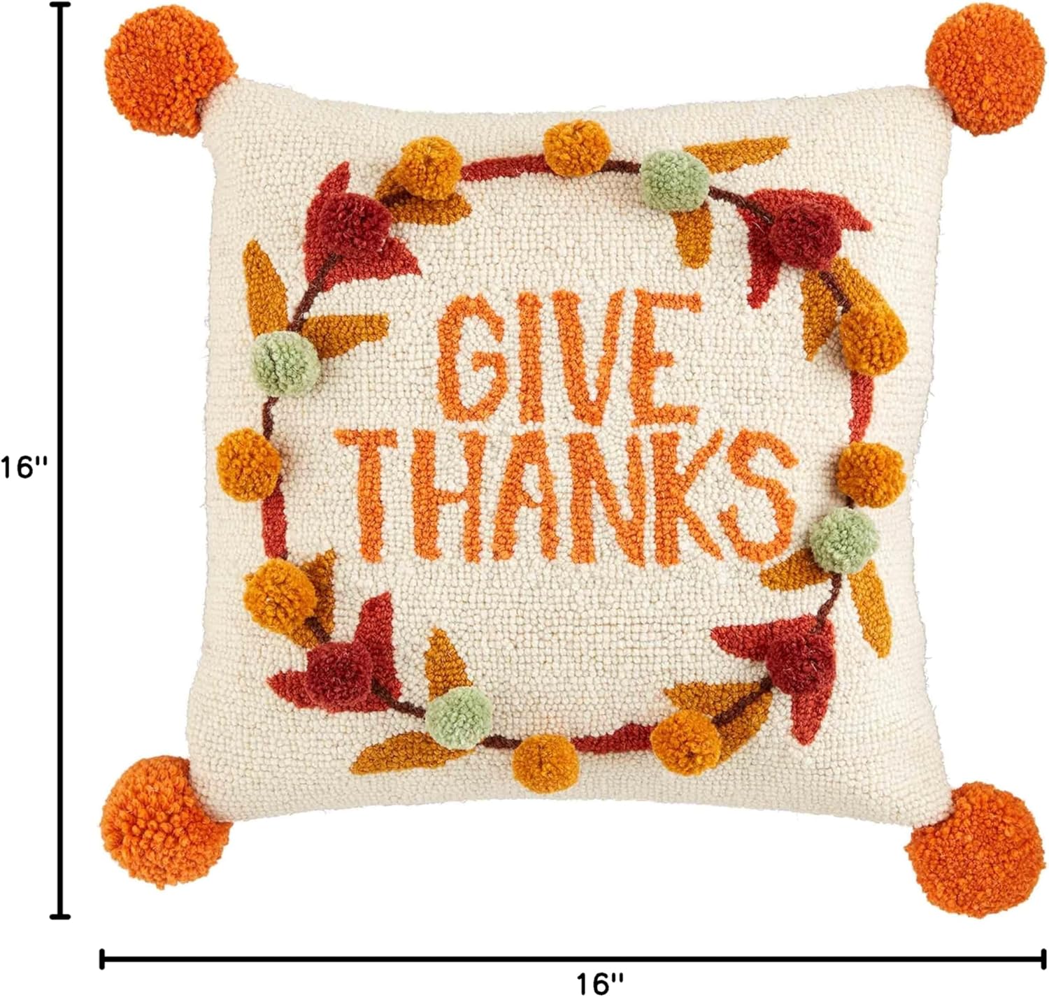 Mud Pie Give Thanks Hooked Wool Pillow, 16" x 16", Orange