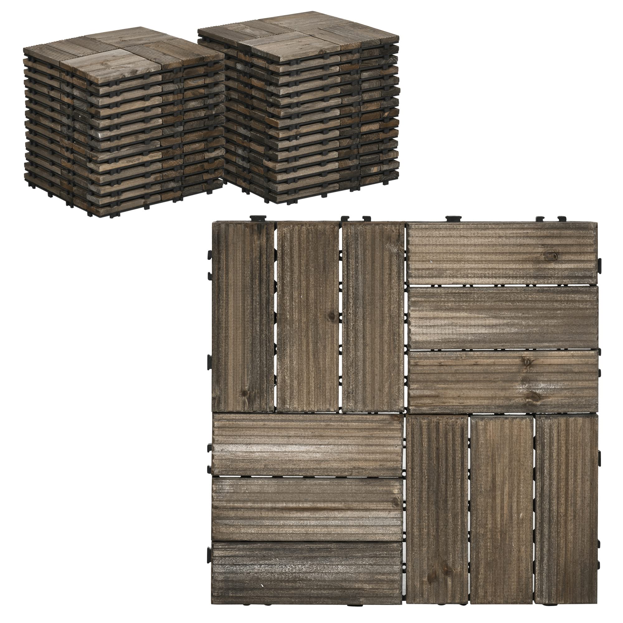 Outsunny 27 Pcs Wooden Interlocking Decking Tiles - Charcoal Grey