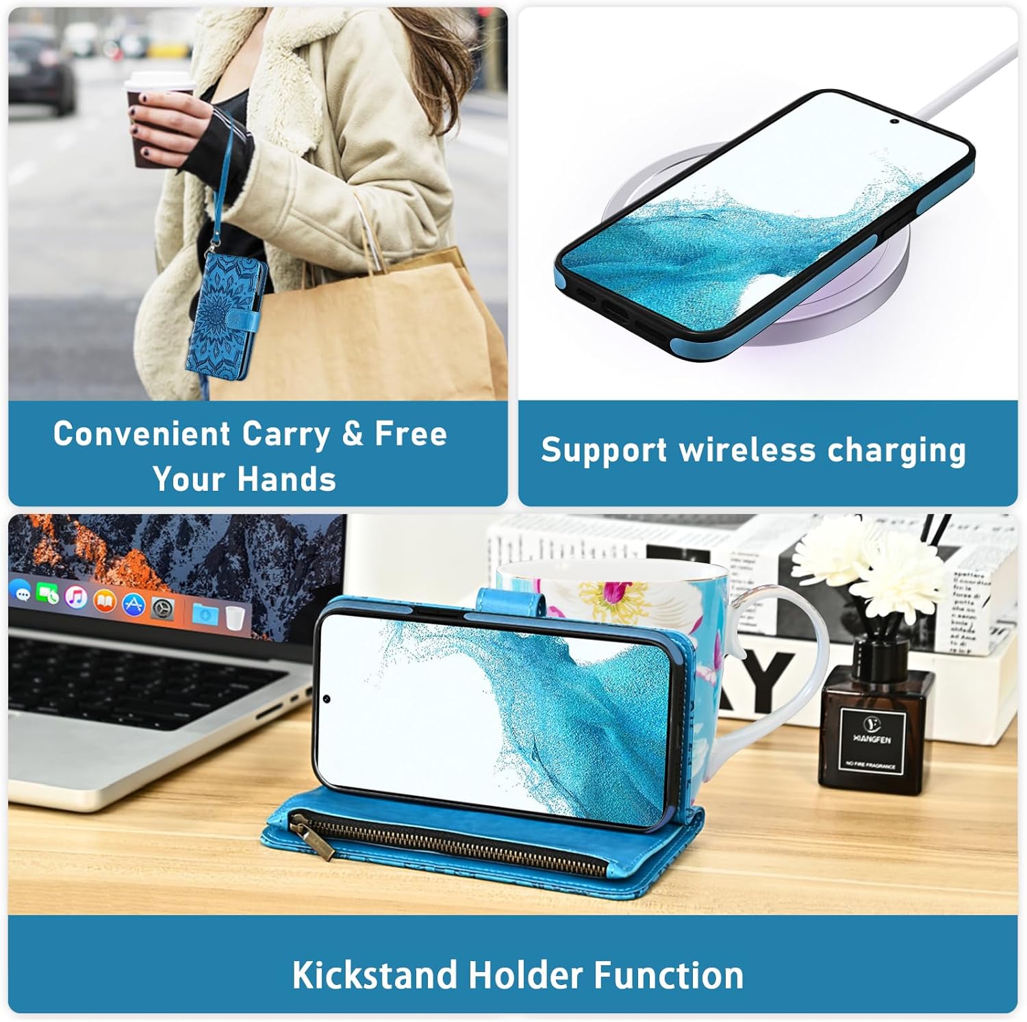 Asuwish Phone Case for Samsung Galaxy S22 5G Zipper Wallet Magnetic Detachable Cell Cover with Screen Protector Crossbody Lanyard Strap Flower Flip Card Holder Slot S 22 4G G5 6.1 inch Women Men Blue