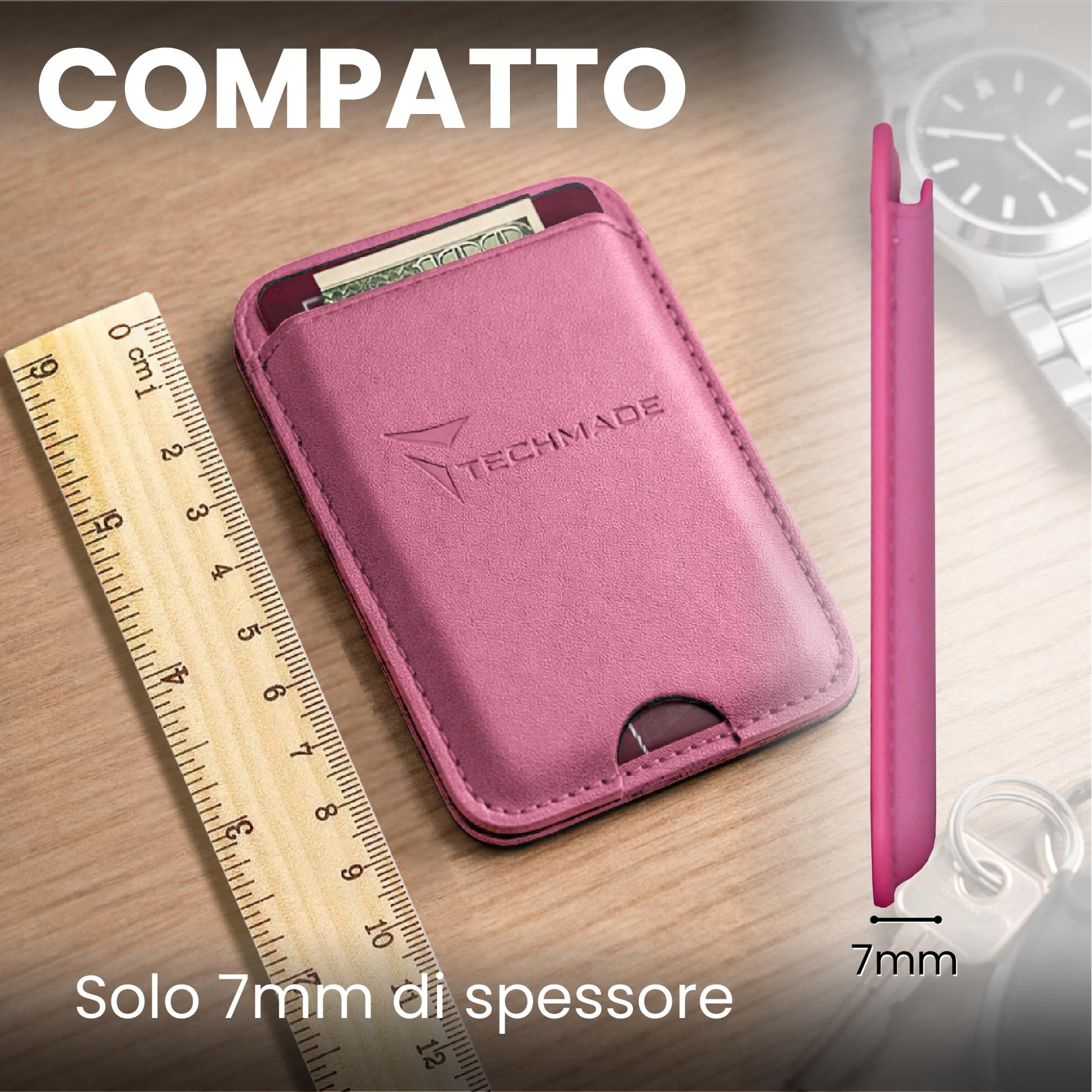 TECHMADE Portacarte MagSafe Compatibile per iPhone, Anello Adattatore Incluso - Spazio per 3 Carte o Contanti, Sistema di Estrazione Rapida - Blocco RFID, in Eco-Pelle Vegana (fucsia)