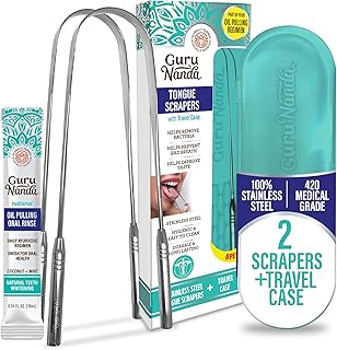GuruNanda Tongue Scraper for Adults (2 Pack) with Travel Case, 420 Medical-grade 100% Stainless Steel Tongue Cleaner, Aids in Fresh Breath & Oral Care