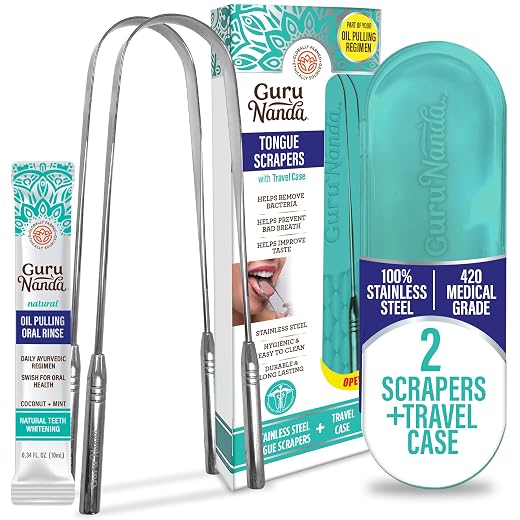 GuruNanda Stainless Steel Tongue Scraper, U-shaped Ergonomic Design, Fights Bad Breath Odor, 100% Medical Grade Stainless Steel, 2 Pack U Shape 2 Pack