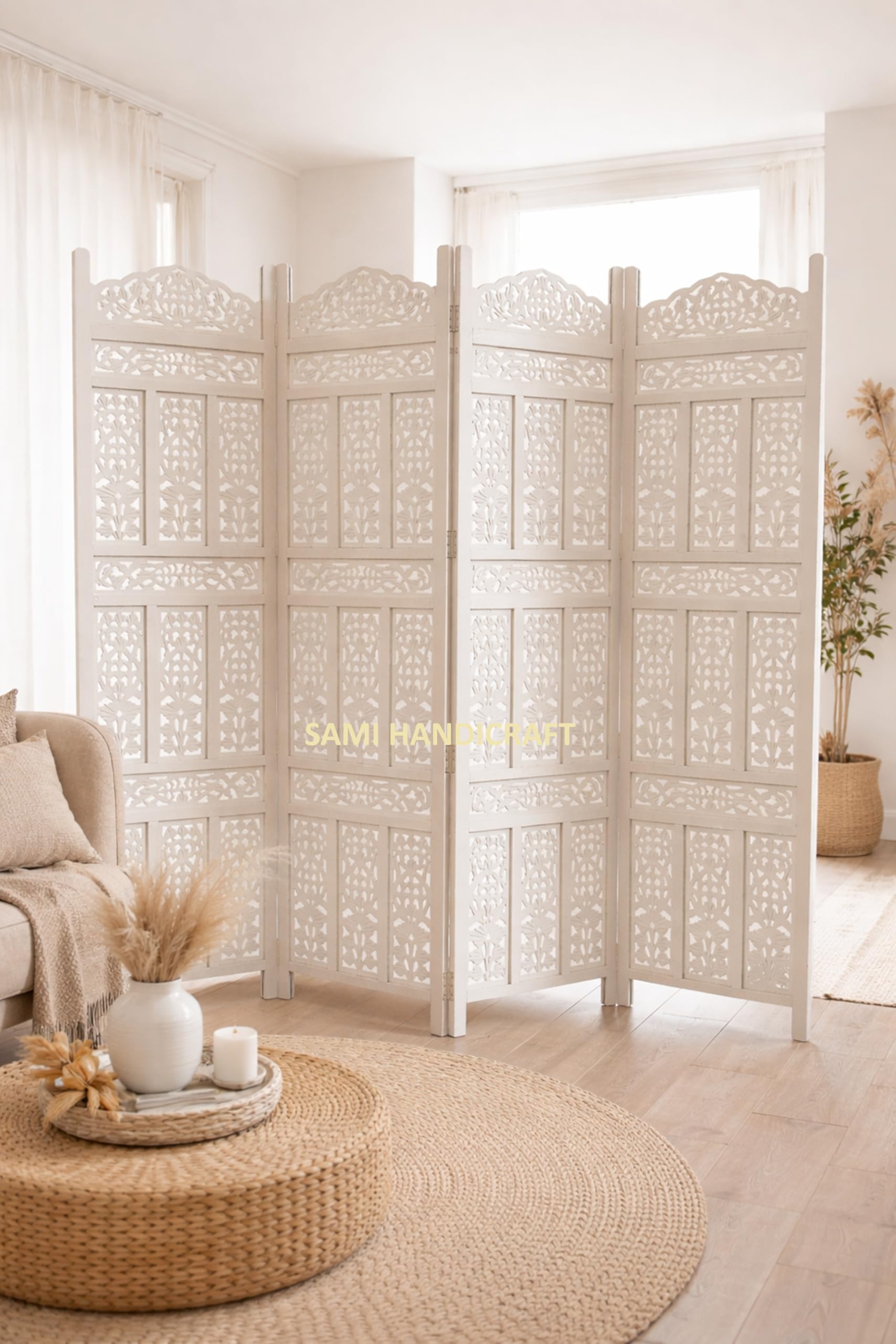 Sami Hndicraft Wooden Room Partition/Screen/Room Divider/Room Separator, Pooja Room Divider, Traditional Handicrafts (White) (4 Panel 6 Feet) (200W x 180 H Centimetres).-image-35