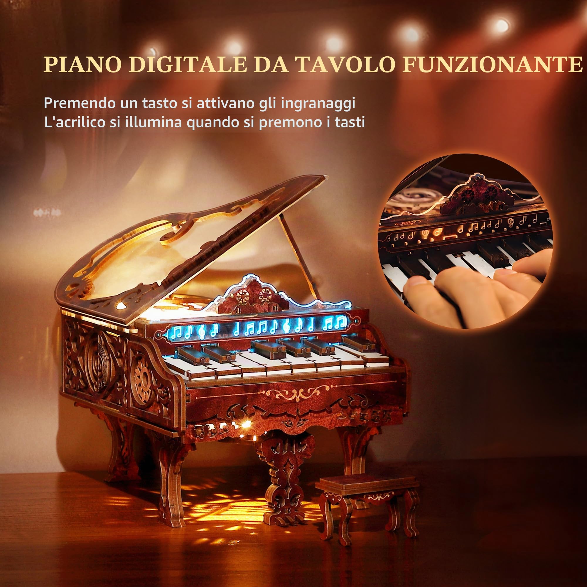 FUNPOLA Kit Puzzle Piano in Legno 3D con LED, Modello di Tastiera in Legno Funzionante con Luci LED, Kit di Artigianato Interattivo e Puzzle di Pianoforte Digitale per Adulti （14+）
