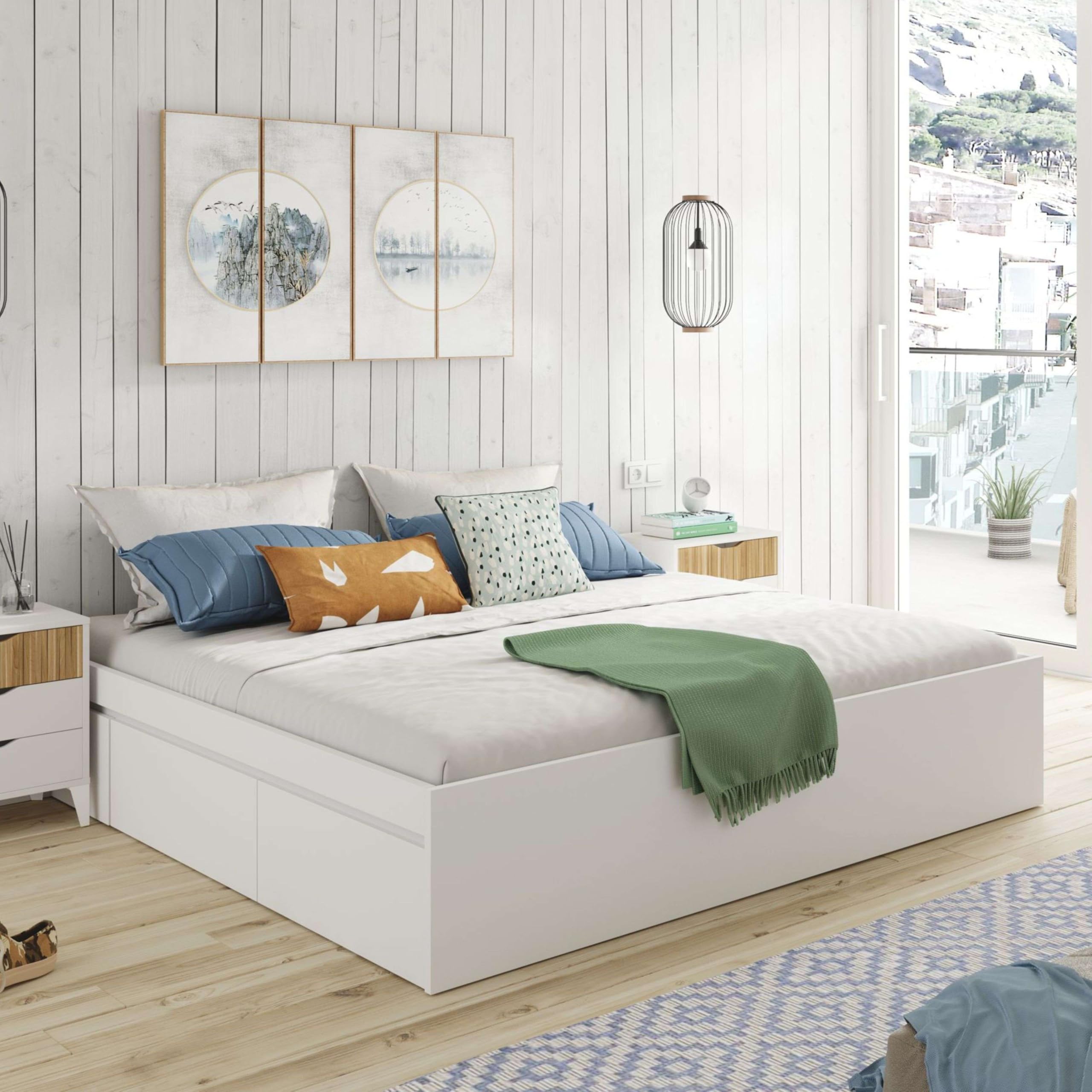Habitdesign Estructura Cama Matrimonio con 4 Cajones, 156x196x37 (AnchoxFondoxAlto-en cm), Estructura Cama Doble Color Blanco Artik, Modelo Kendra (Sin Somier)