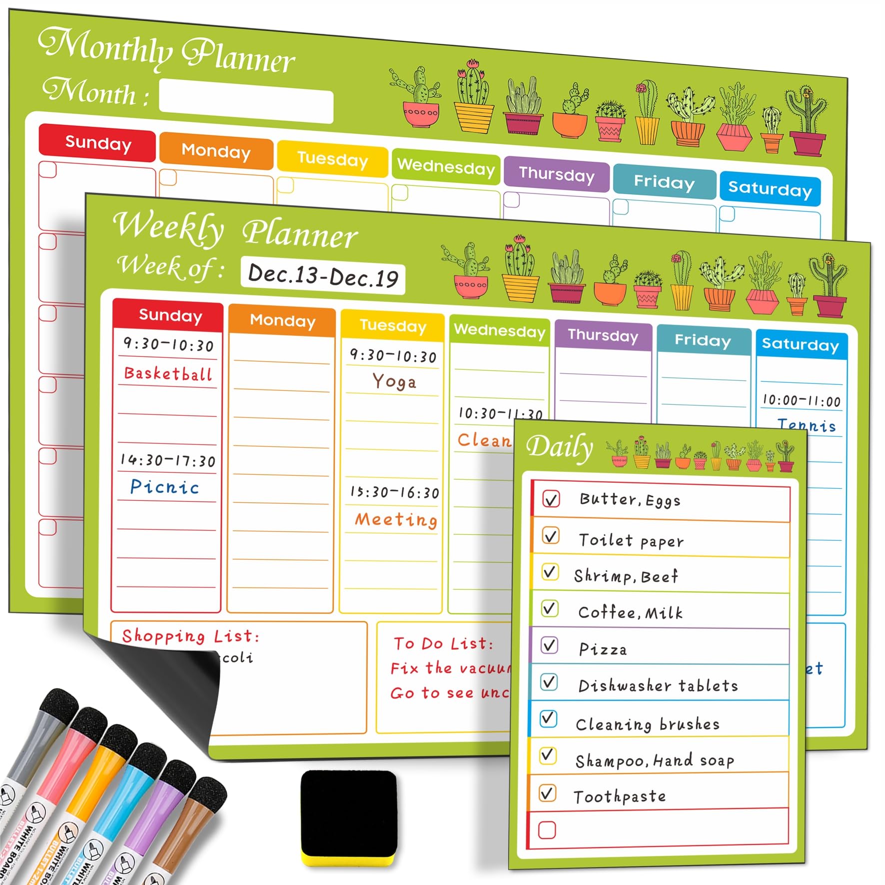 3 Pack Magnetic Dry Erase Calendar Whiteboard for Fridge, A3 Monthly, Weekly & A5 Daily Planners Dry Erase Reusable Fridge Planners with 6 Markers & Eraser (Greenery (Monthly + Weekly + Daily)) — image 1