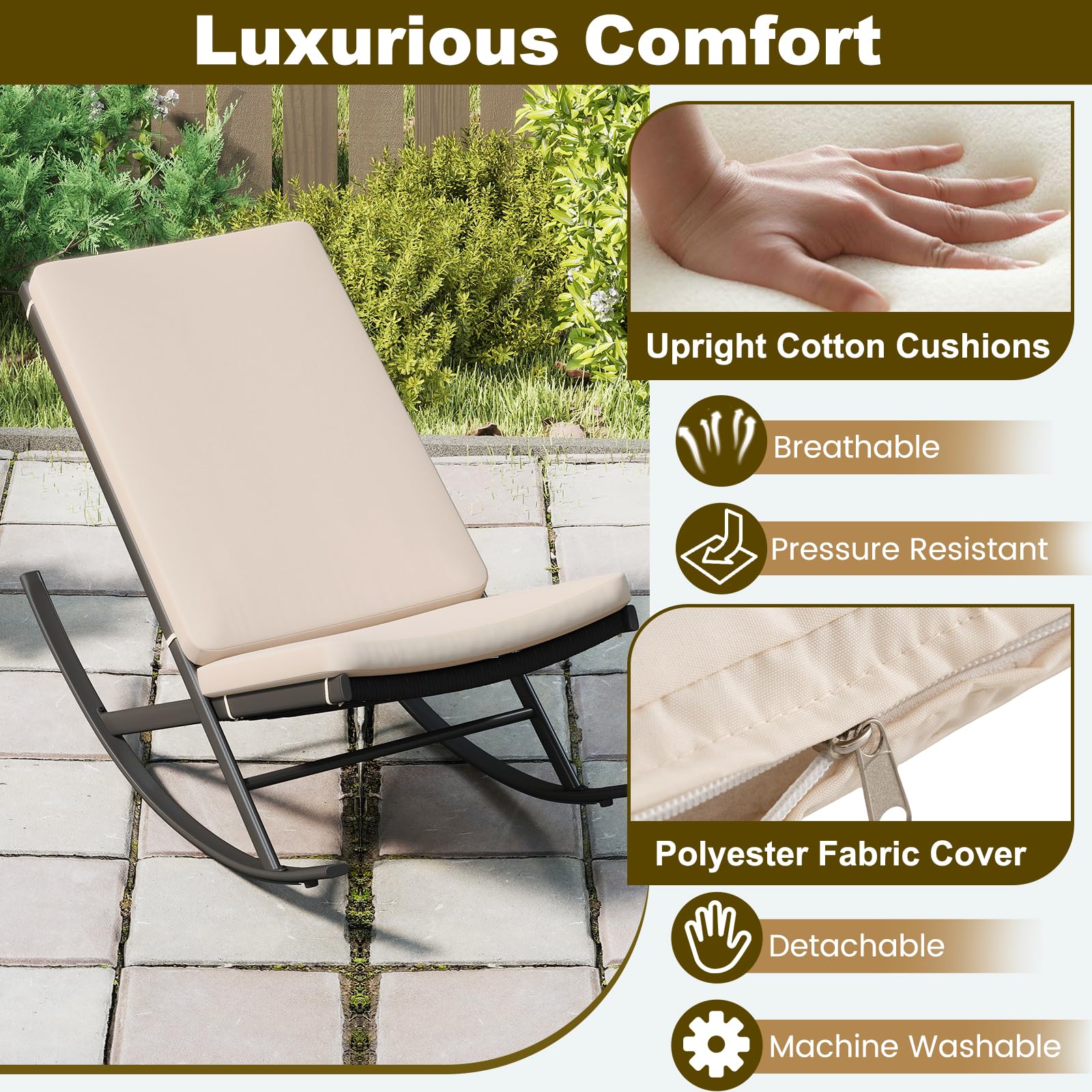 GIANTEX Set di Bistro 3 Pezzi, Sedie a Dondolo da Esterno in Rattan con Tavolino da Caffè, Set di Mobili da Conversazione per Veranda con Cuscini in Cotone per Giardino, Balcone, Bordo Piscina