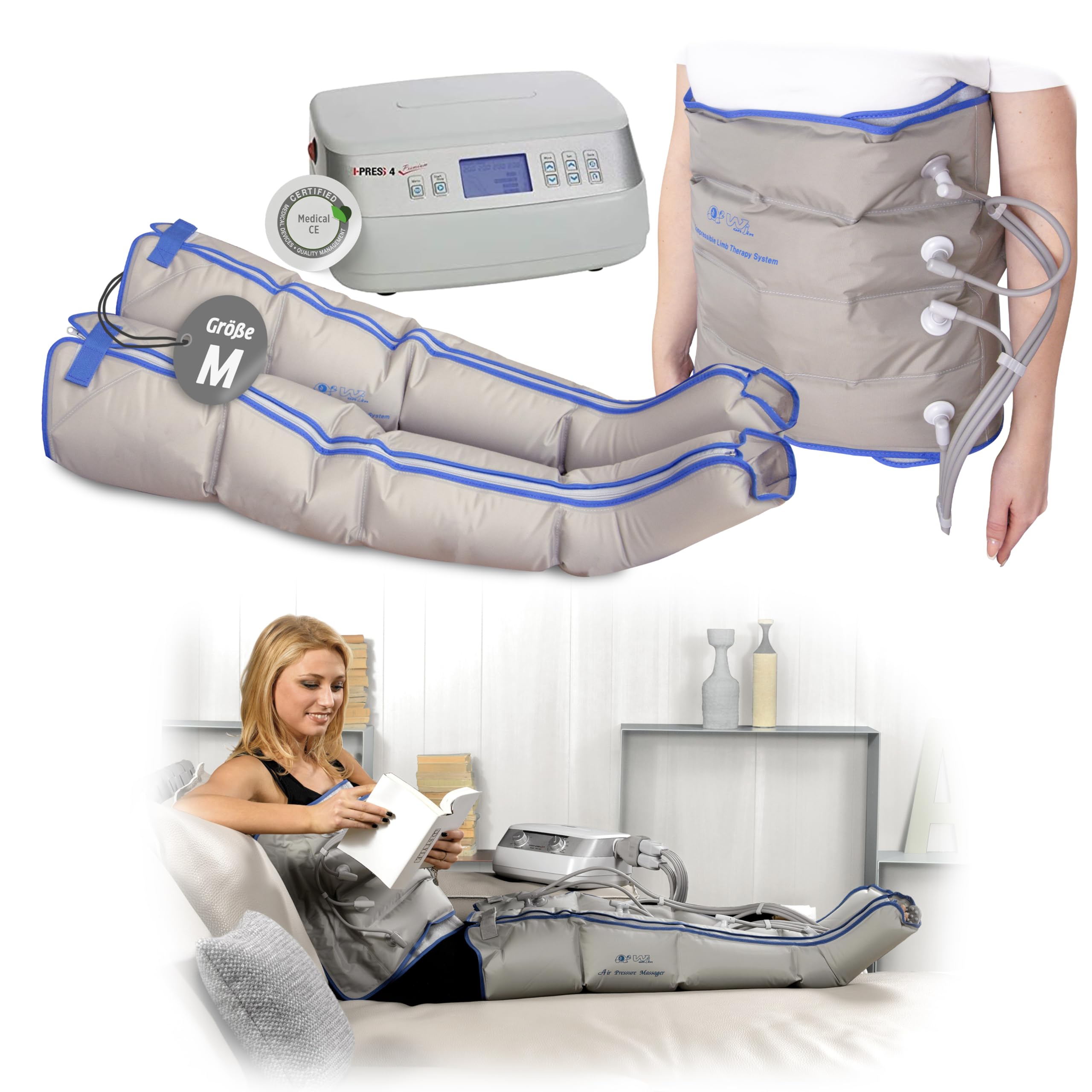 I-press4 premium Lymphdrainage-gerät Größe M für Beine und Bauch 5 Programme Speicherfunktion Medizinisches Gerät für Heimanwendung und Physiotherapie -*##
