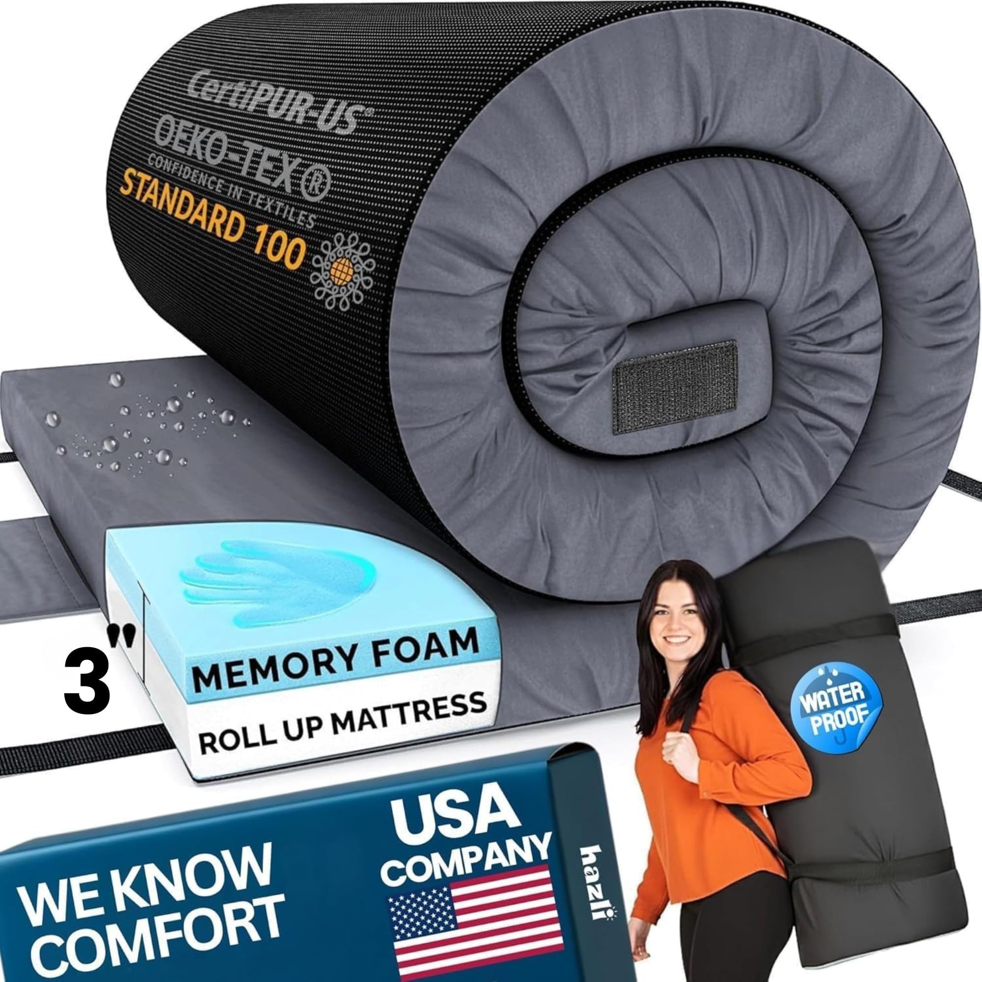 Hazli Matrix AirCell Memory Foam Camping Mattress Pad - CertiPUR-US Roll Up Mattress for Adults - Portable Foam Sleeping Mats for Camping - Camp Cot Sleeping Pad - Floor Sleep Mat Bed Roll for Car RV
