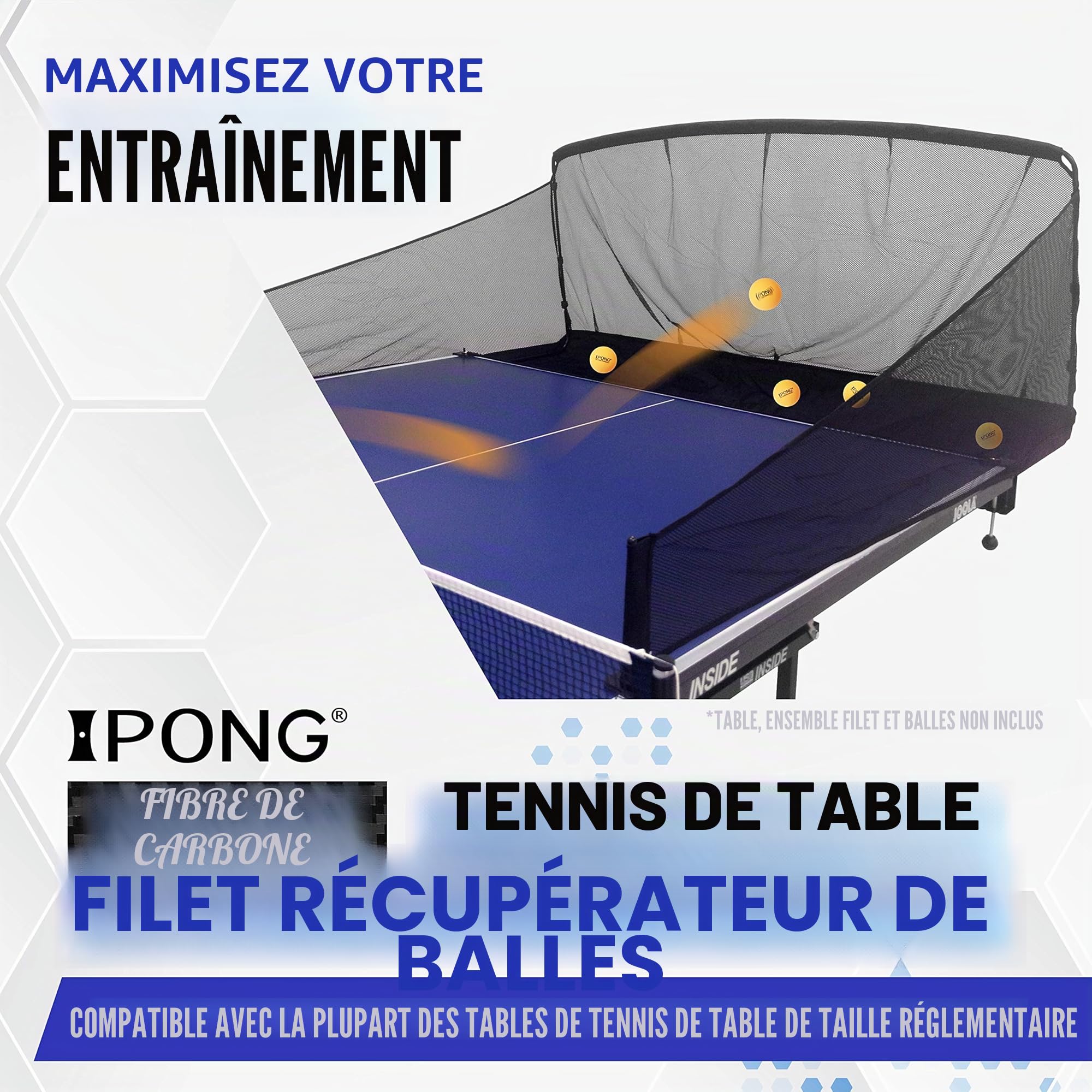 iPong Carbon Fiber Table Tennis Ball Catch Net Filet de ping-Pong Unisexe, Gris/Noir