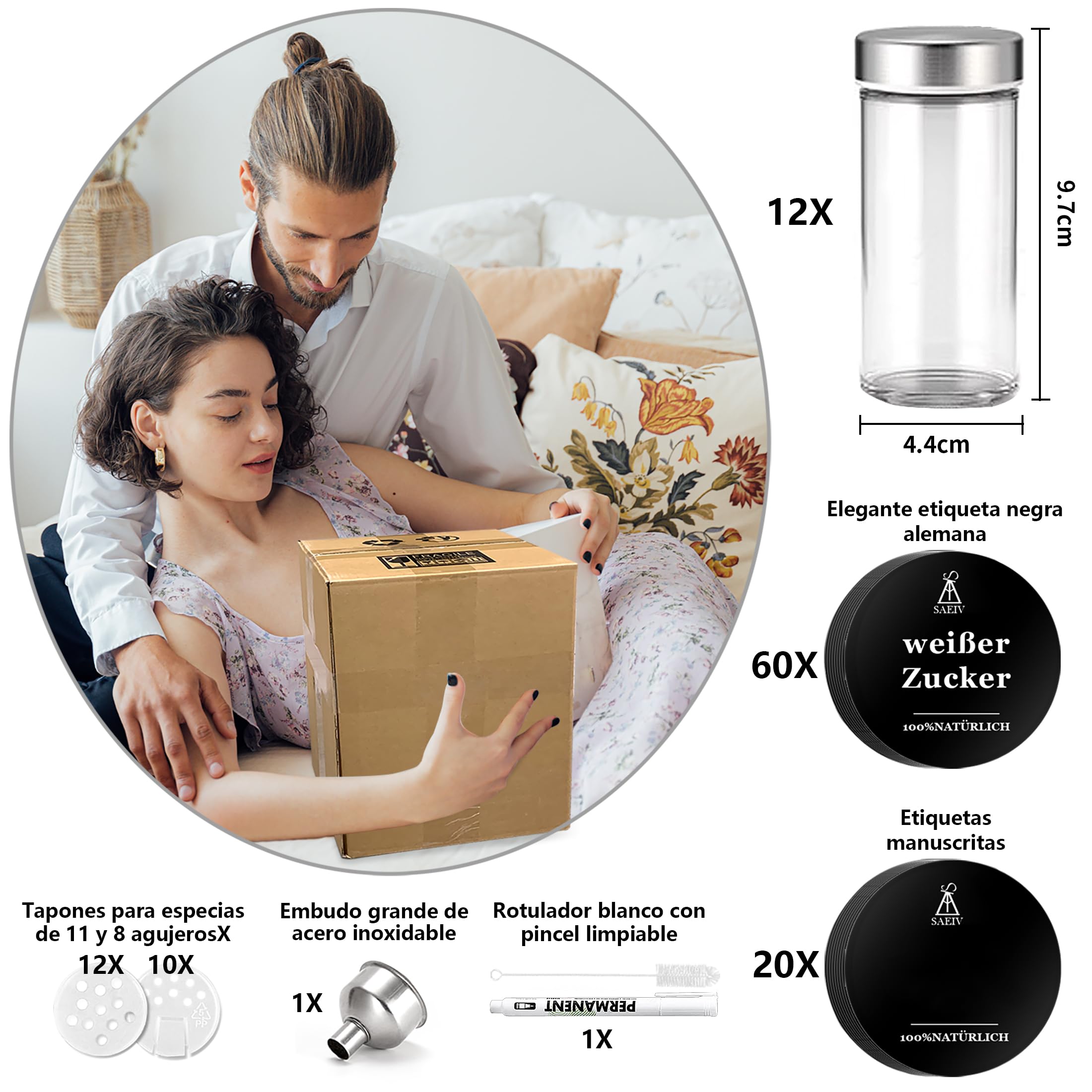 Estante giratorio para especias de 360° con 12 tarros de cristal (100 ml), organizador de especias con tapas de acero inoxidable, soporte giratorio para especias para encimeras y cajones de cocina