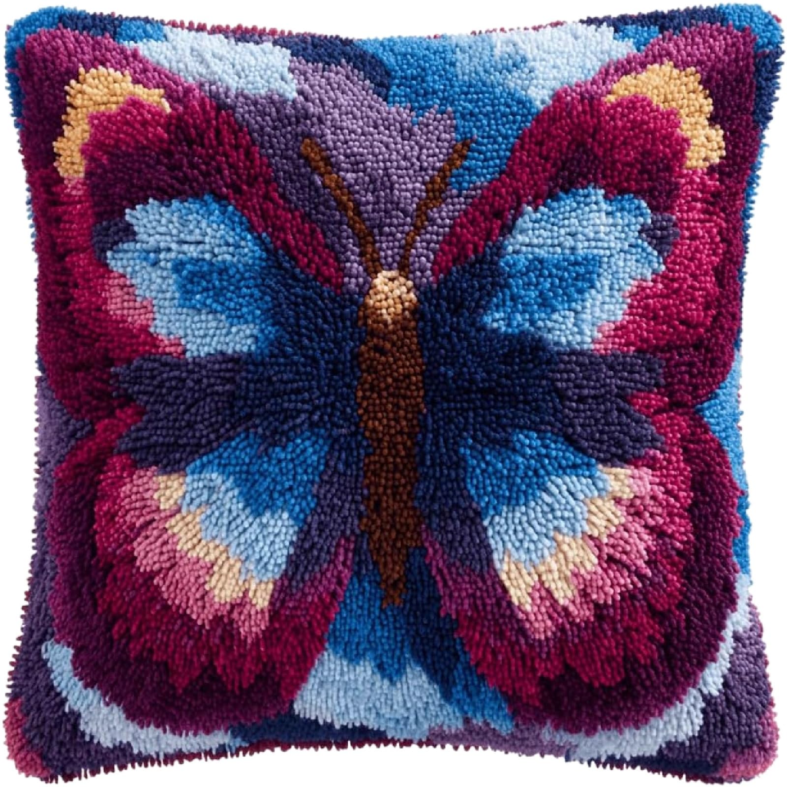 ZUHK DIY Latch Hook Cushion Kit - Cross Stitch Yarn Craft Set fit for Beginners and Adults, Sofa Decor 43x43cm (Butterfly)
